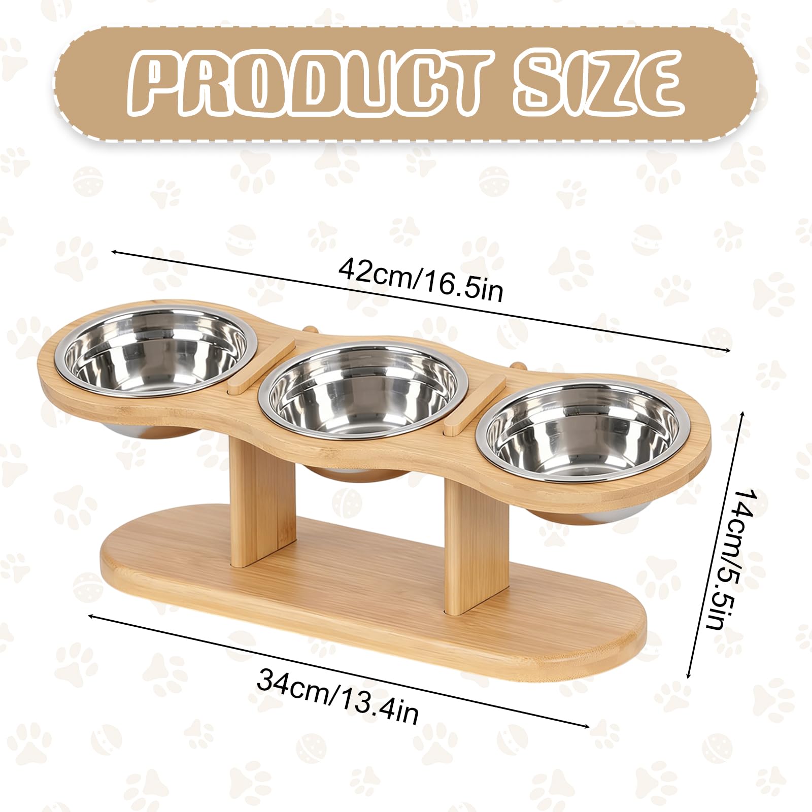 Gamelle Chat Surélevée avec 3 Bols en Acier Inoxydable, Support en Bois, Hauteur Réglable, Gamelle Surélevée pour Chat, Support Gamelle Chat,Gamelles pour Chats et Petits Chiens