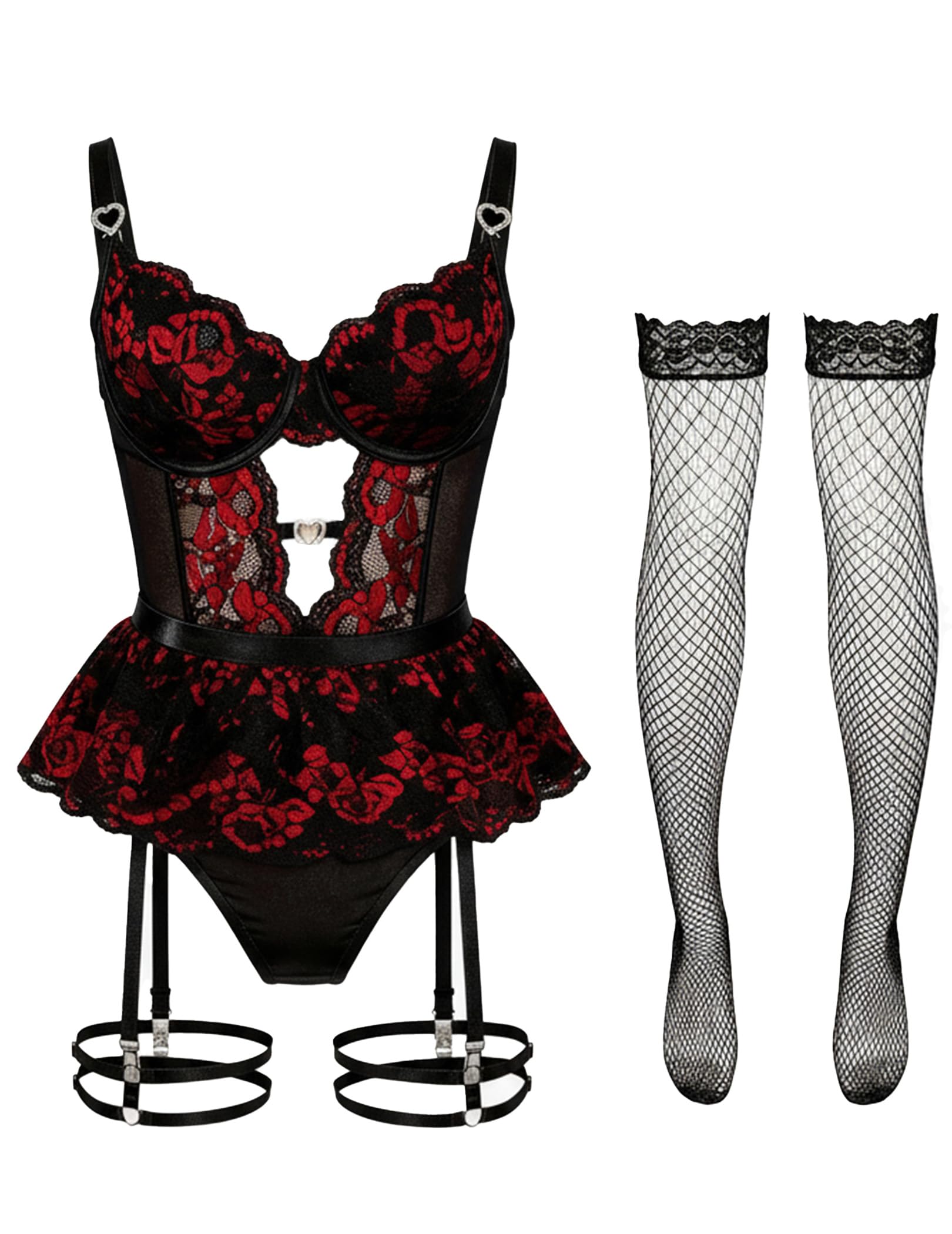 Alrovetoney Women Lingerie Set Naughty Lace Bodysuit High Waisted Underwire Lingerie Babydoll With Garter Belt and Stockings: Small Black & Red