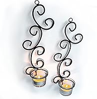 Lily's Home Deco Black Steel Swirl Wall Sconces - Set of 2 Tea Light Holders with Clear Glass Inserts for Ambient Glow