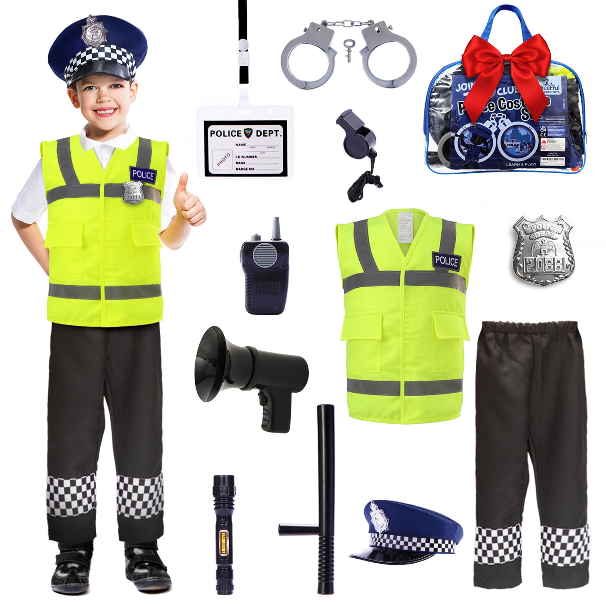 Police Costume Kids Ages 3-7, Complete Officer Set with Hat, Vest, Trousers & Siren Sound Walkie Talkie, Fancy Dress Roleplay Outfit for Halloween & Parties (Yellow Police Costume With Trousers)