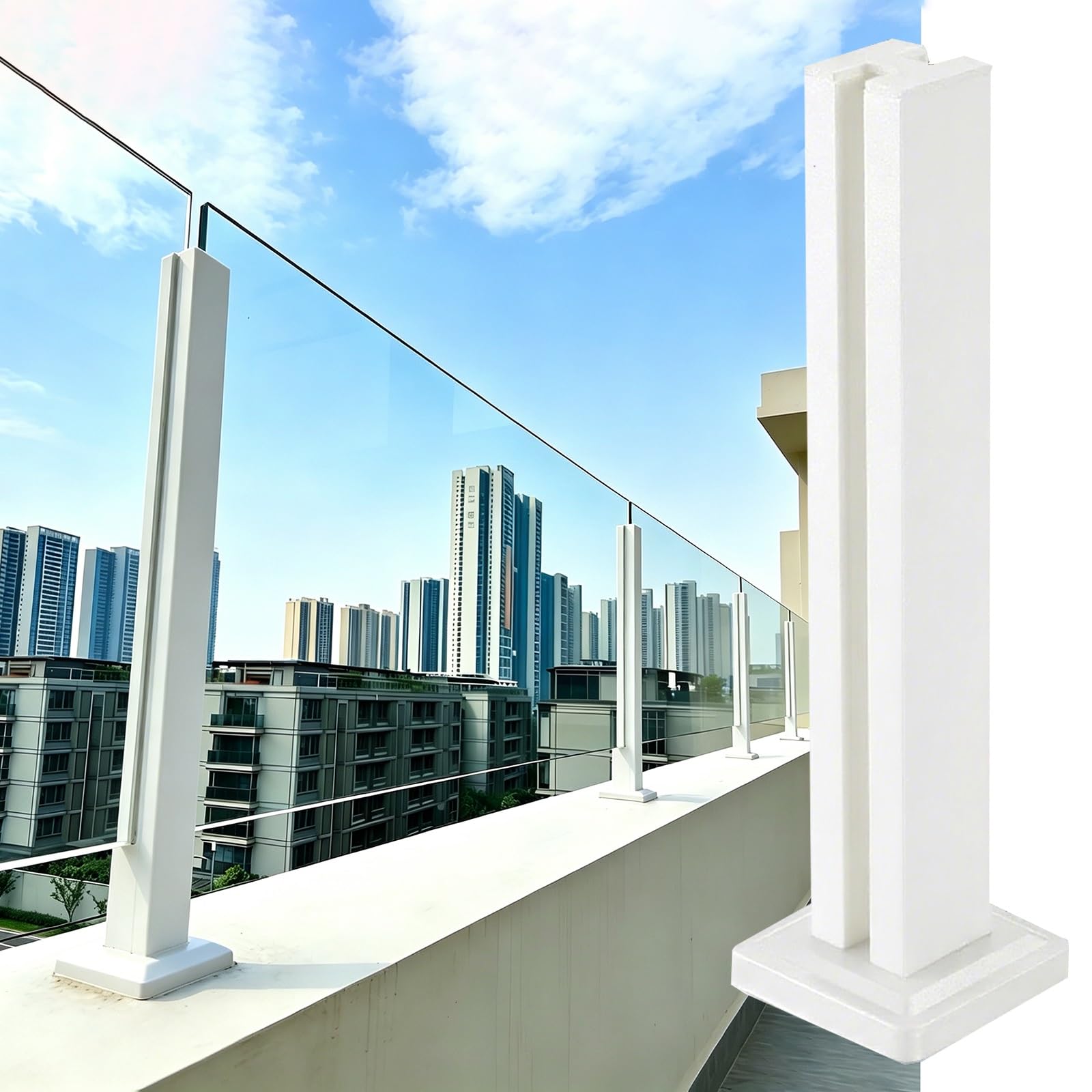 White Balcony Frameless Glass Railing Support Base, Indoor Outdoor Deck Stairs Patio Terrace Platform Landing Toughened Glass Fence Balustrade Post, Complete Kits(White Middle Post,85cm/33.5 in)