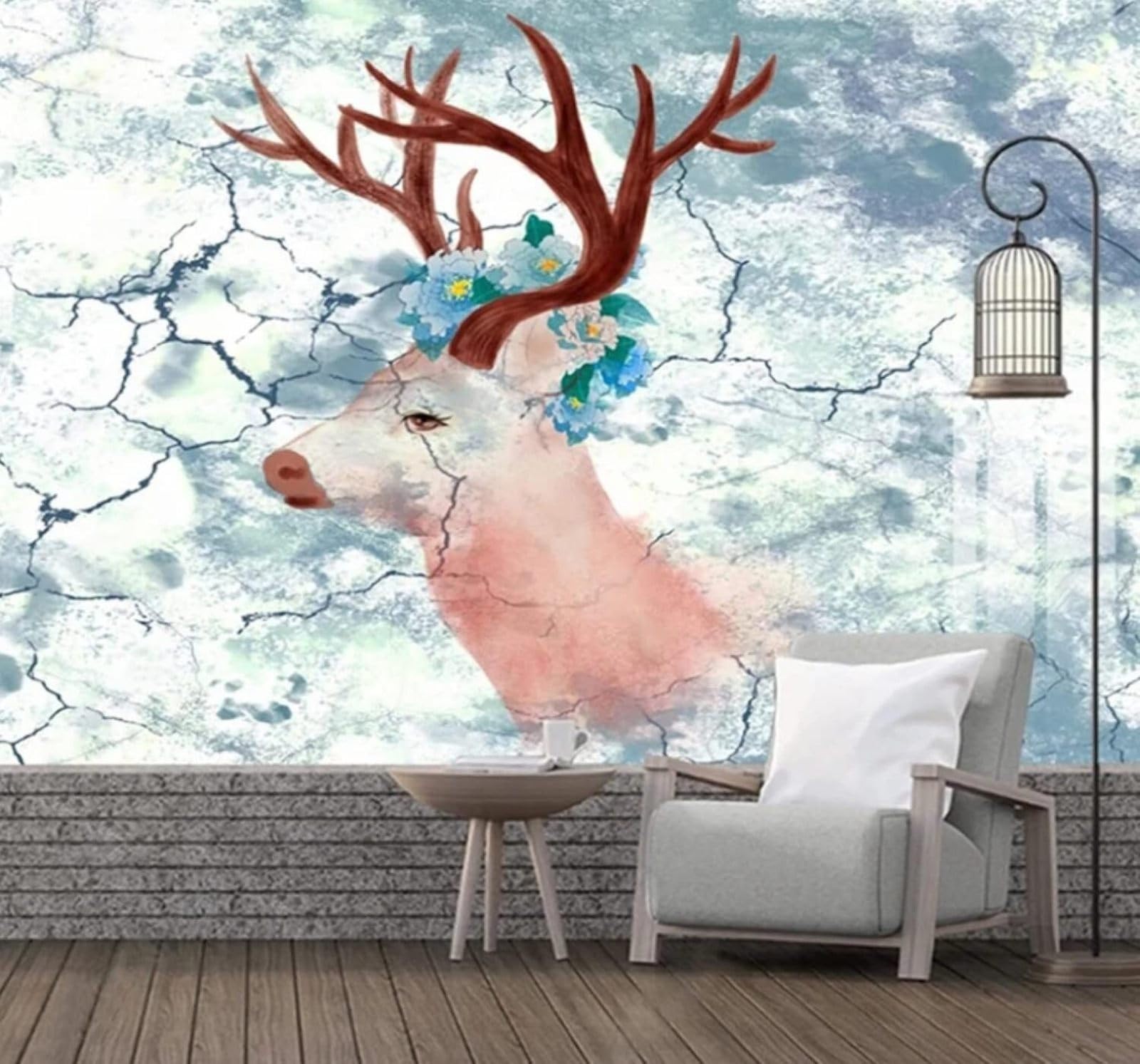 XLMING Vintage Whitewashed Wall Hand Painted Moose Flowers 3D Wallpaper Luxury Silk Study Dining Feature Sofa Grey Bedroom Living Room Tv Decorative Wall-250cm×170cm