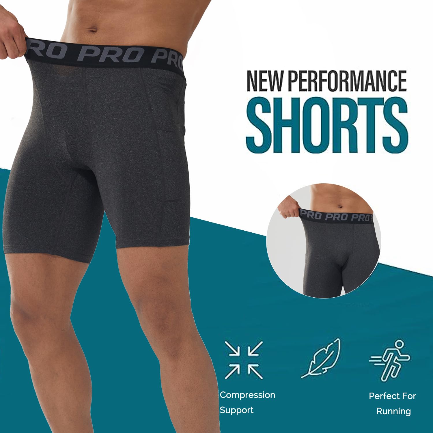 Set di 3/5 pantaloncini a compressione per sport da uomo, con abbigliamento sportivo e asciugatura istantanea, tasca sicura, pantaloncini da ciclismo, fitness, Set di 5: nero/blu/bianco