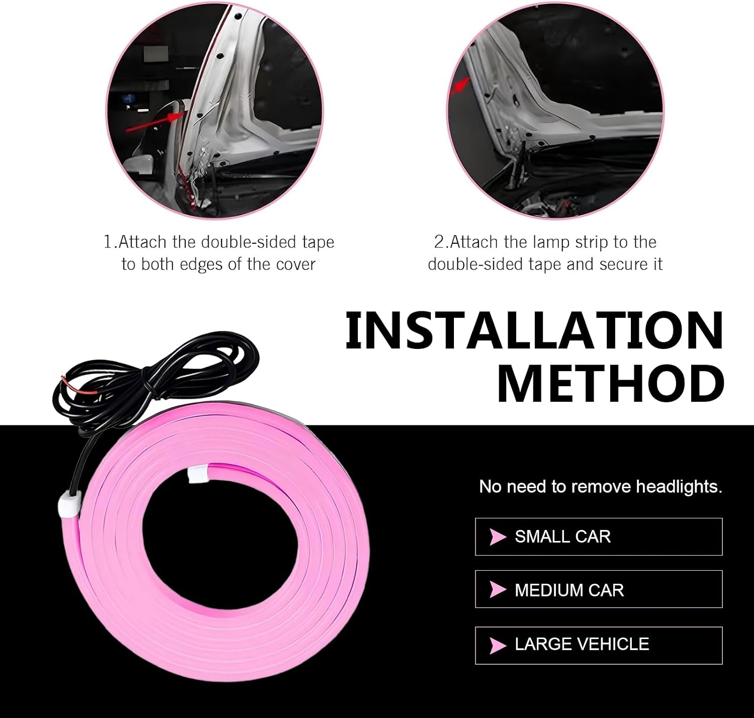 Car LED Hood Light Strip, 12 V Start-up Constant Cool Light, Flexible Waterproof Daytime Running Lamp for Hood Gap, Adhesive Tape Engine Cover Decoration for Cars SUVs (Pink)