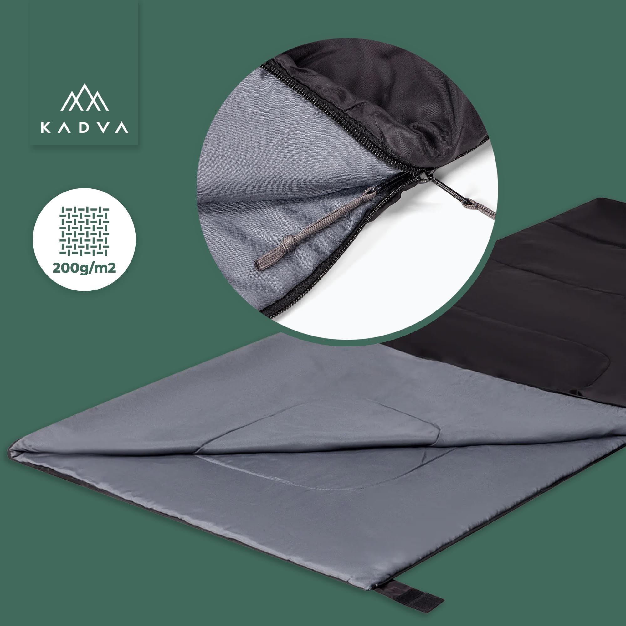 KADVA Śpiwór kempingowy Karvilo 200 x 75 cm niebieski | zielony | czarny śpiwór z funkcją kołdry, komfortowa temperatura 20 stopni, idealny na lato z technologią Ripstop dla zwiększenia trwałości,