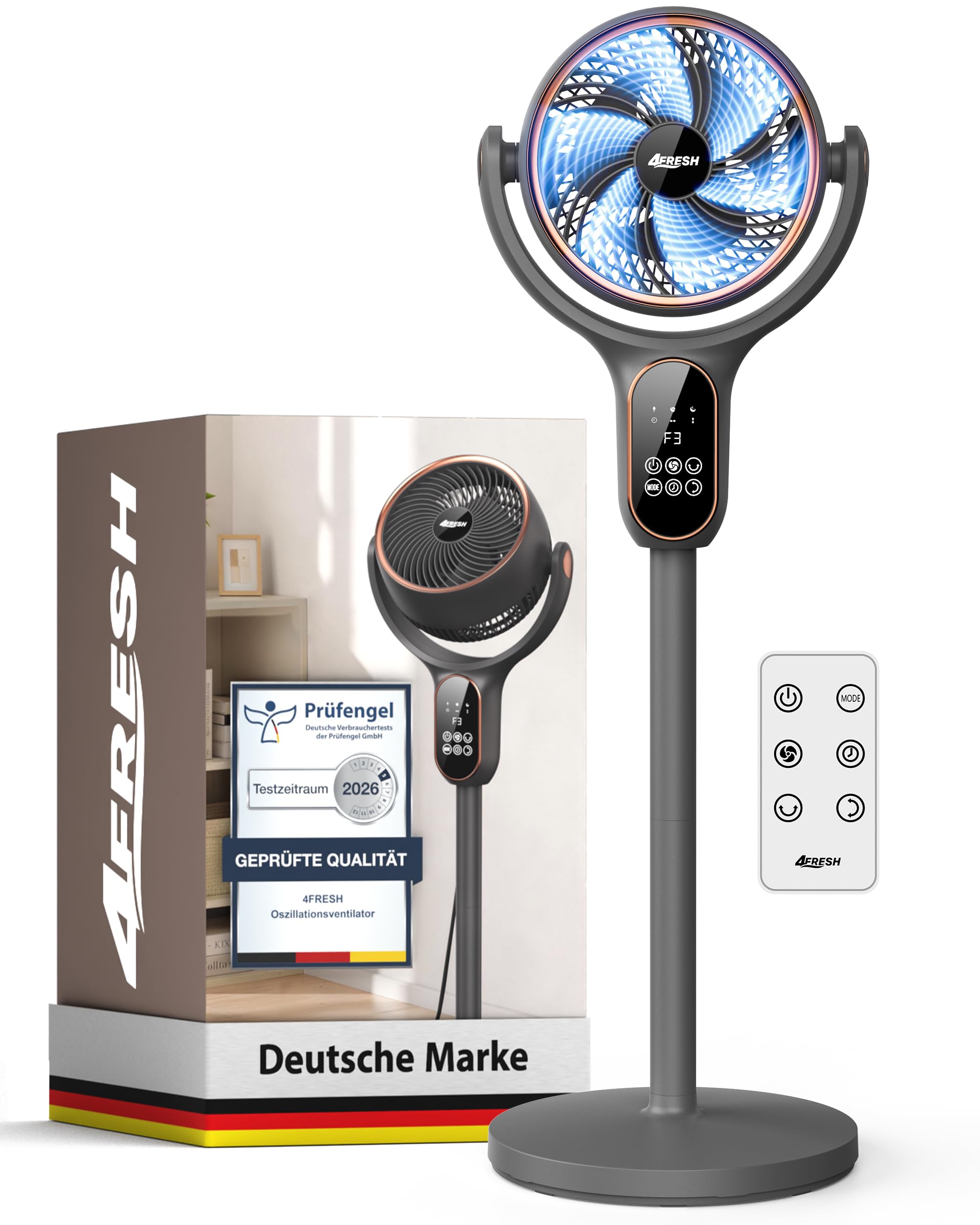 Ventilatore circolatore d'aria a piantana, oscillante 70° orizzontale e 90° verticale, max 6,6 m/s, 6 livelli di vento, 3 modalità, timer 12h, telecomando con batteria a bottone, cavo di