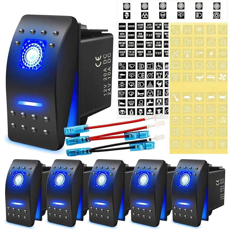 Kit de 6 interruptores basculantes ON/OFF KEING com LED azul, 5 pinos e IP67 – 12 V/20 A e 24 V/10 A