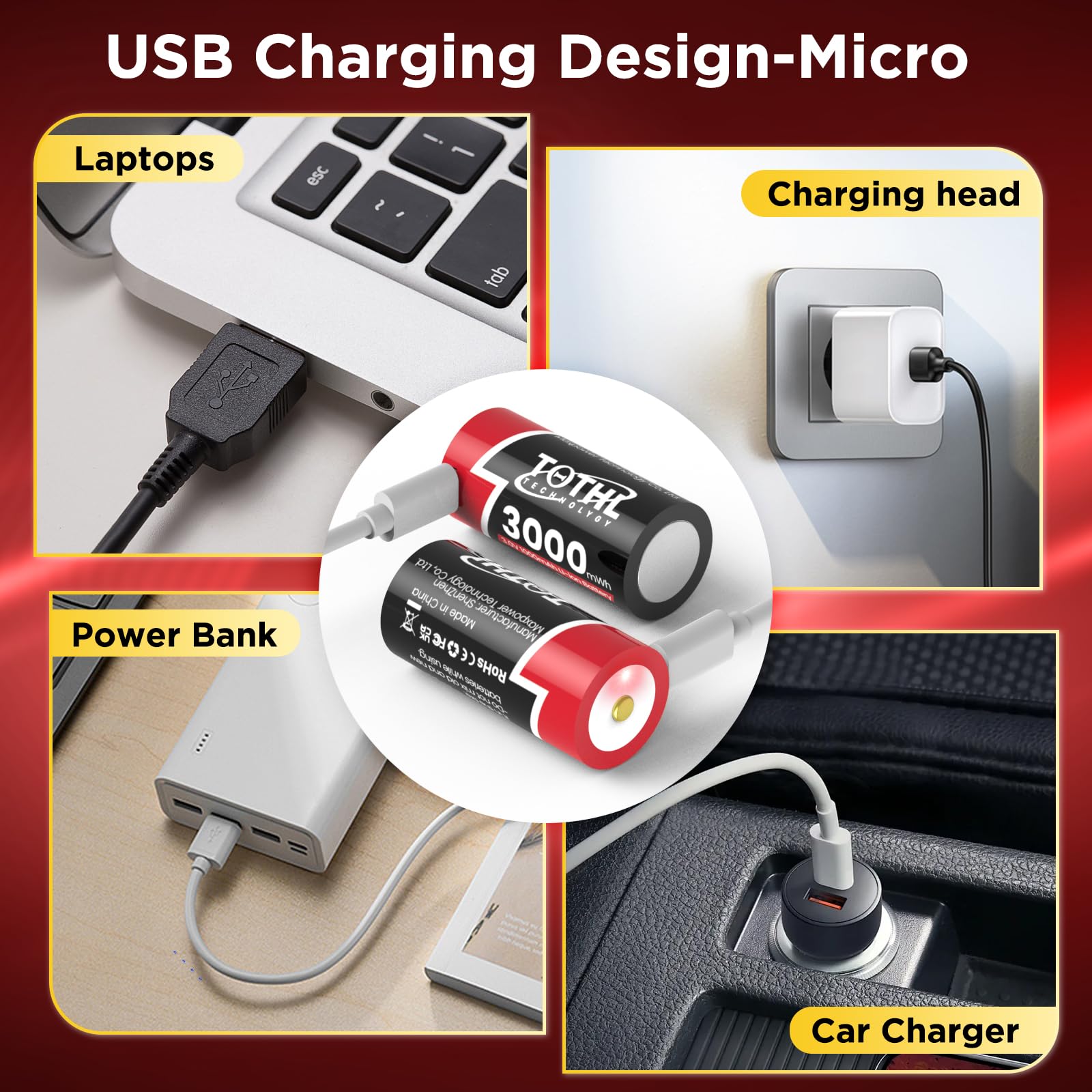 4Packs USB 3V Lithium Battery CR123 123A CR17345 High Power Lithium Batteries with Built-in PTC for Flashlight Cameras Toys Alarm System Microphones