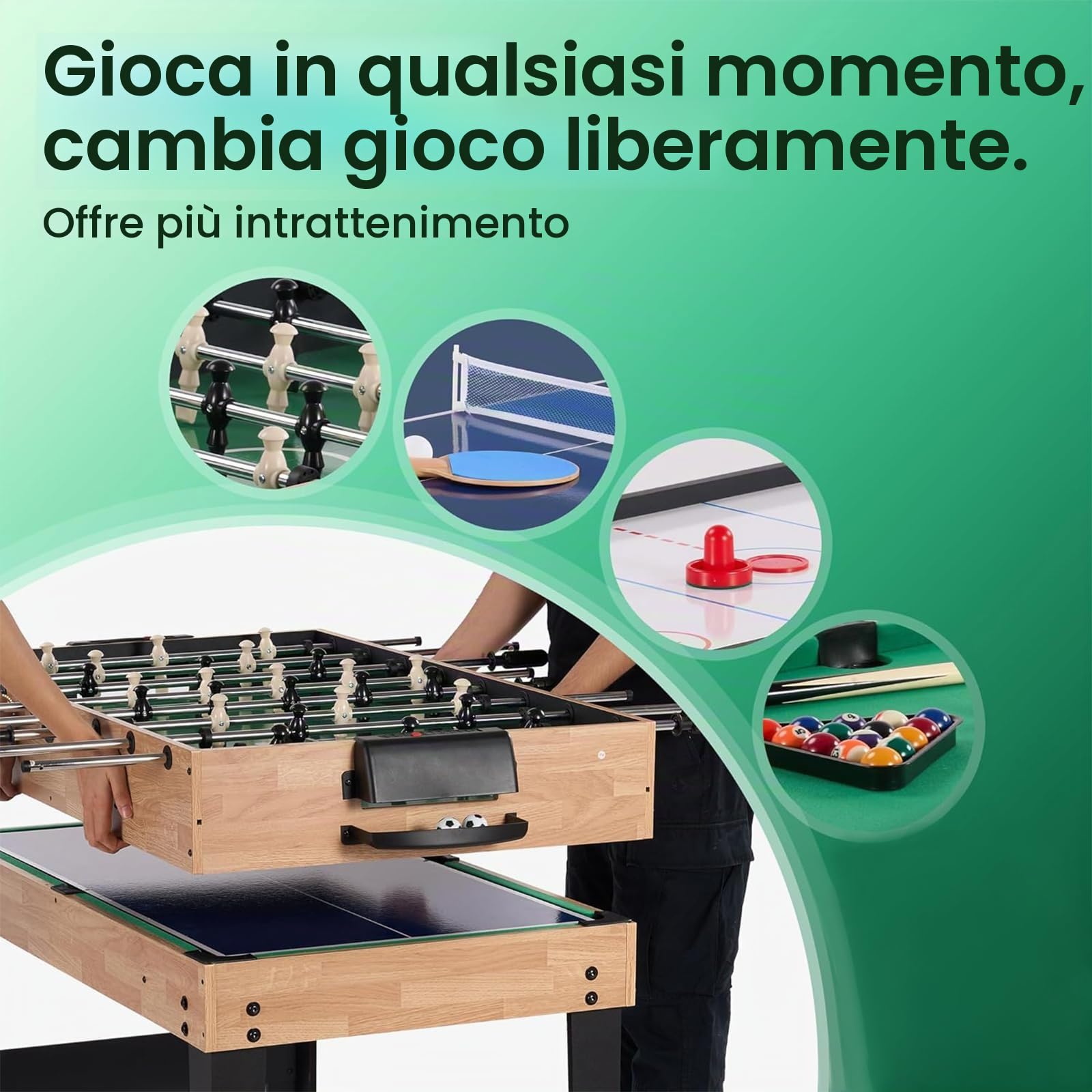 Tavolo Multigioco 4 in 1 Legno Calcio Balilla Biliardo Ping Pong Air Hockey 122x61x73 cm