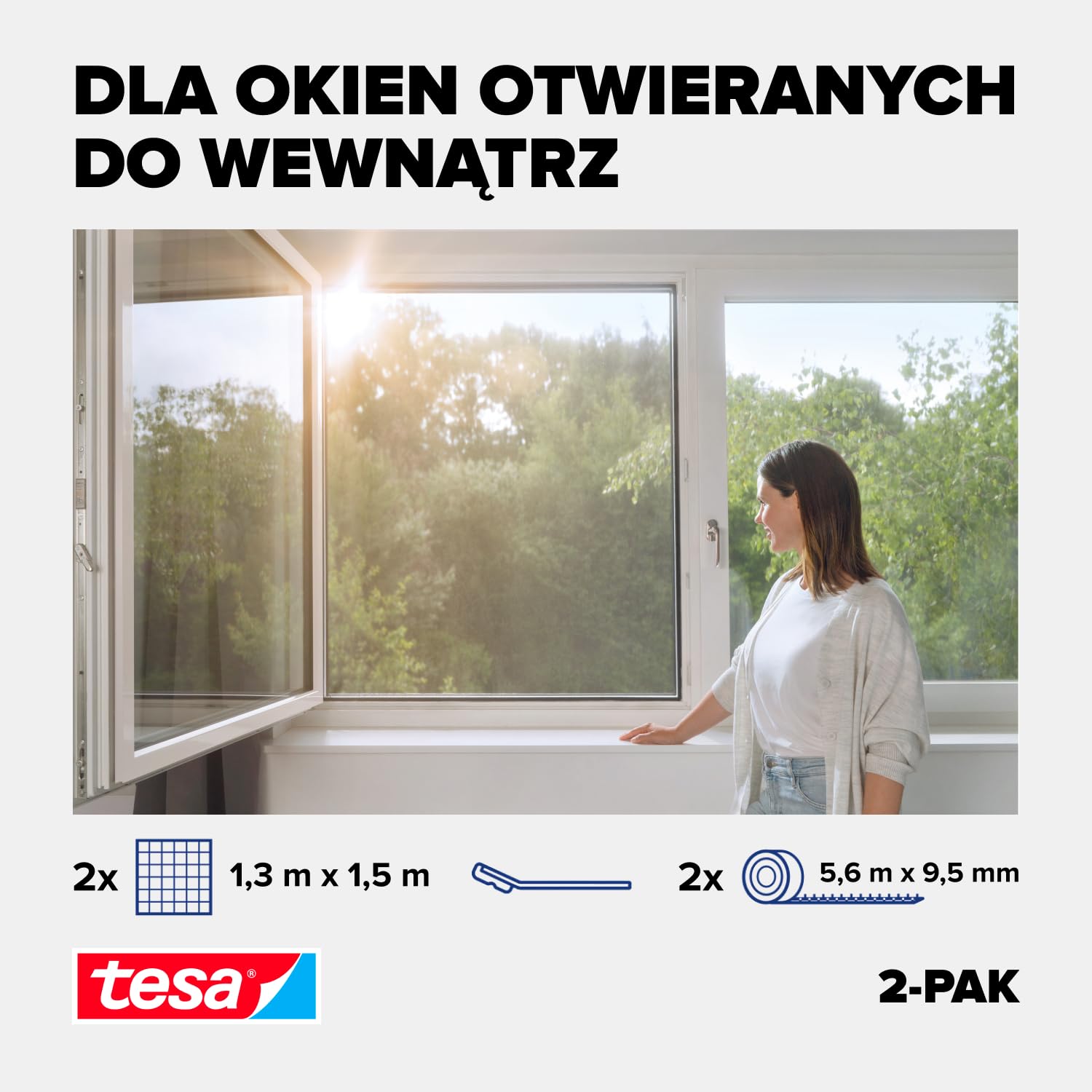 tesa Siatka chroniaca przed pylkami - mozliwosc przyciecia na wymiar, przezroczysta moskitiera dla alergików - do okien otwieranych do wewnatrz - antracyt - 2x 130 cm x 150 cm