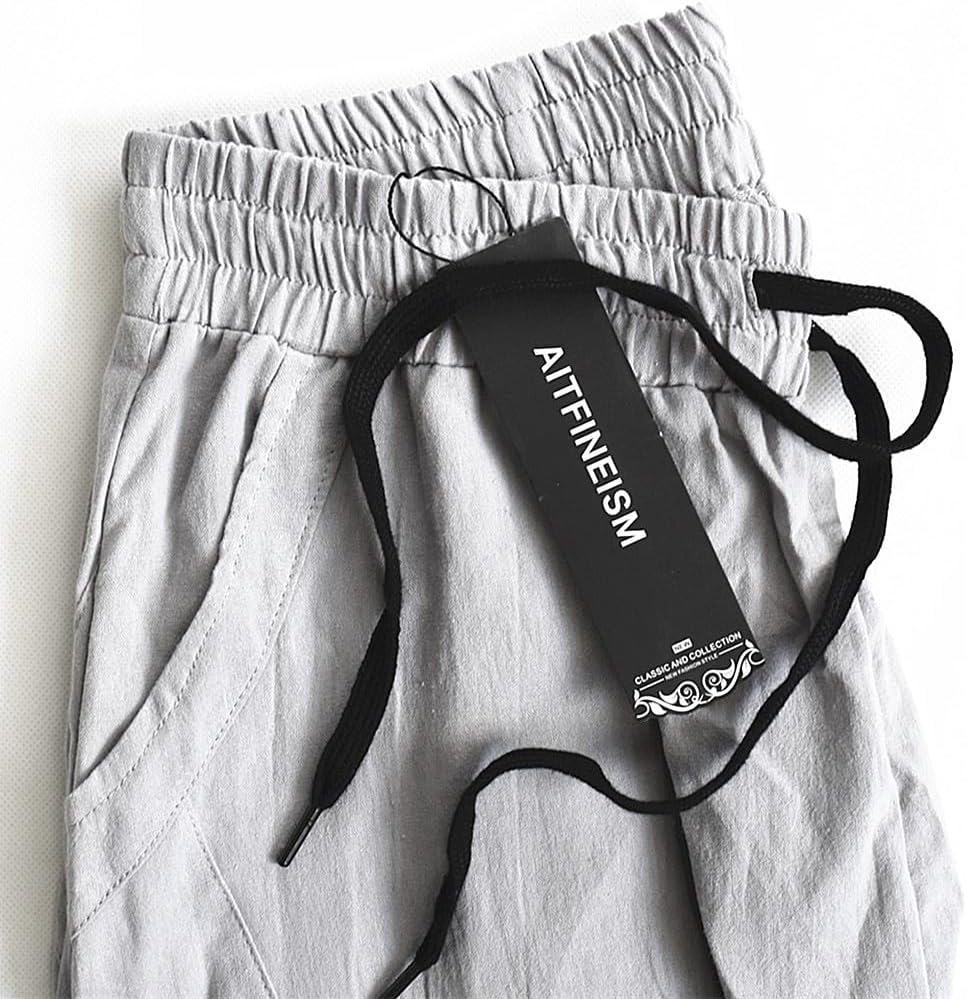 AITFINEISM Mens Cotton Linen Pants Elastic Drawstring Waist Lightweight Summer Beach Pants