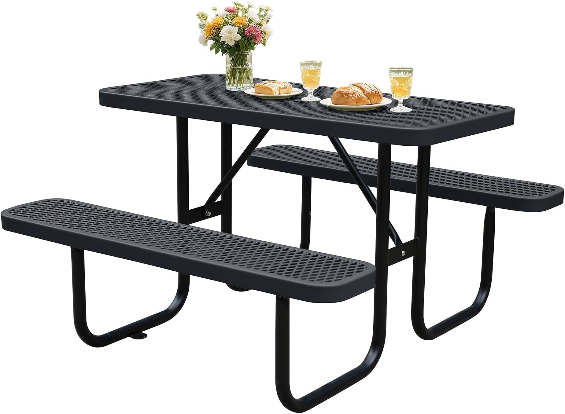 4FT Outdoor Picnic Tables,Heavy-Duty Metal Rectangular Picnic Table,Expanded Metal Commercial-Grade Table with 2 Benches & Umbrella Hole,Waterproof Coating Beach Table for Patio,Garden, Backyard