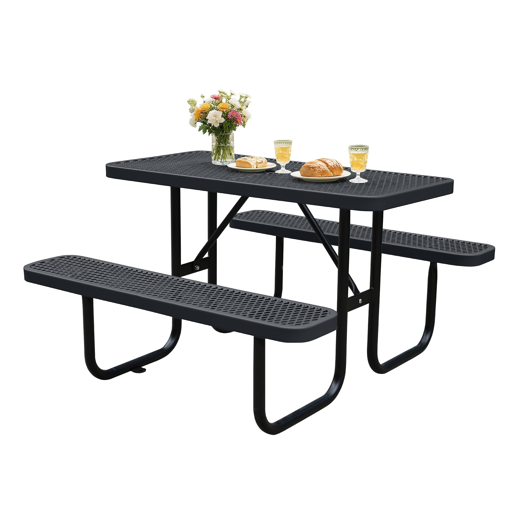 4FT Outdoor Picnic Tables,Heavy-Duty Metal Rectangular Picnic Table,Expanded Metal Commercial-Grade Table with 2 Benches & Umbrella Hole,Waterproof Coating Beach Table for Patio,Garden, Backyard