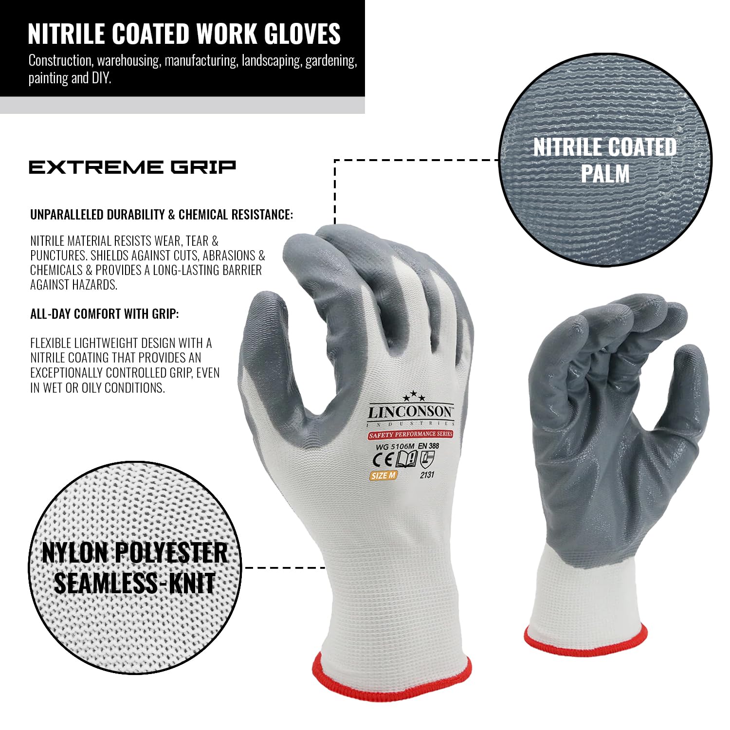 linconson 12 Pack Extreme Grip Lightweight Nitrile Coated Construction & Mechanics Work Gloves (White (12 Pack), Medium)