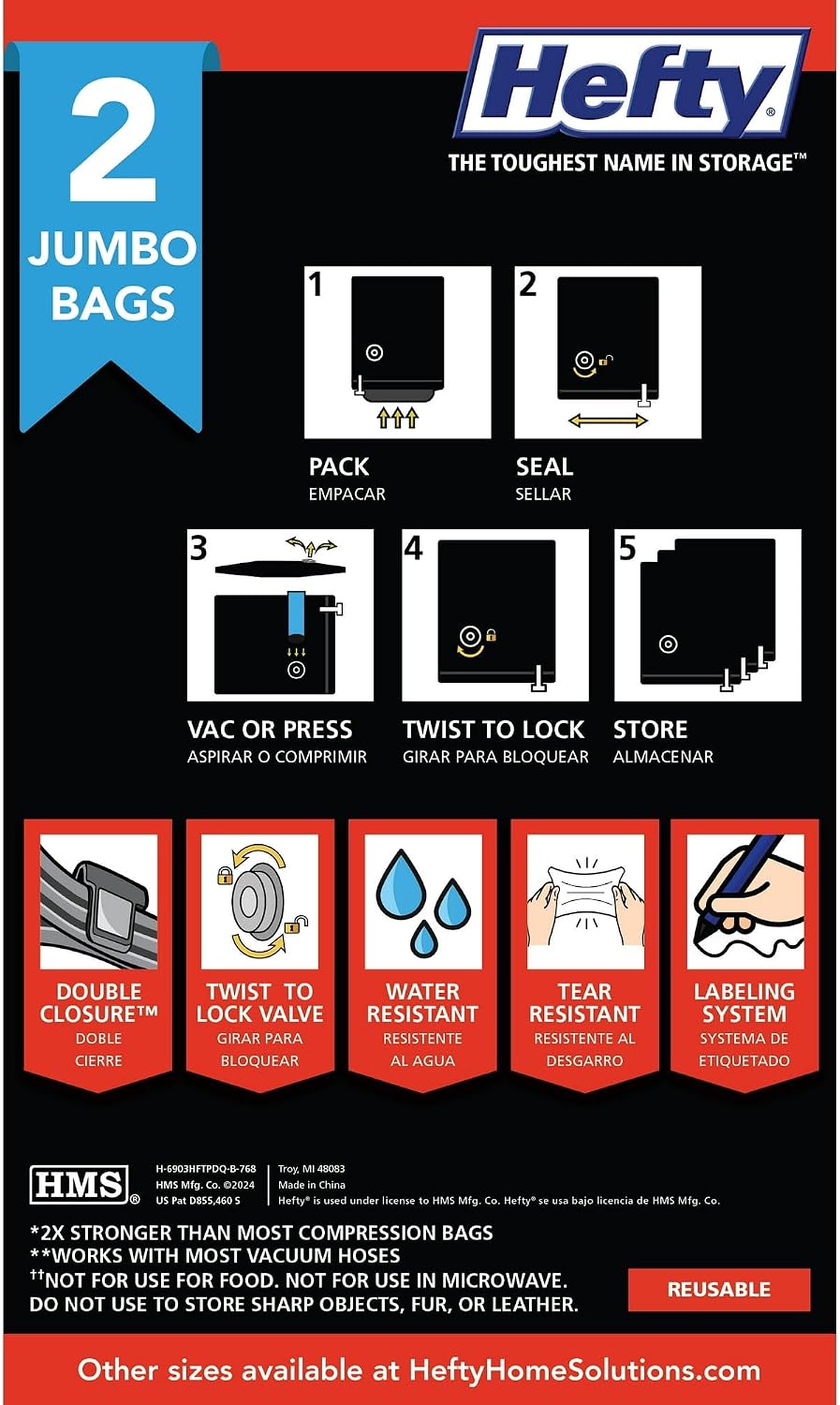 Hefty Max Shrink-Pak 2 Jumbo Vacuum Compression Bags, Closet Garage Organizers, Black, Adults/Tweens