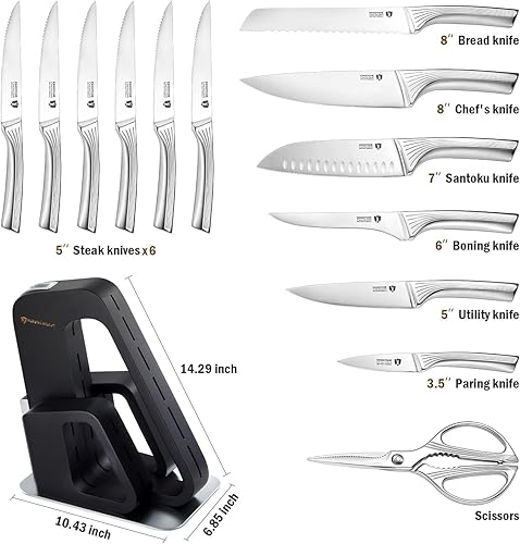 Miniatura 4 de KINGSTONE Juego de 14 piezas de cuchillos de cocina con bloque, juego de cuchillos de acero inoxidable alemán con afilador incorporado, juego