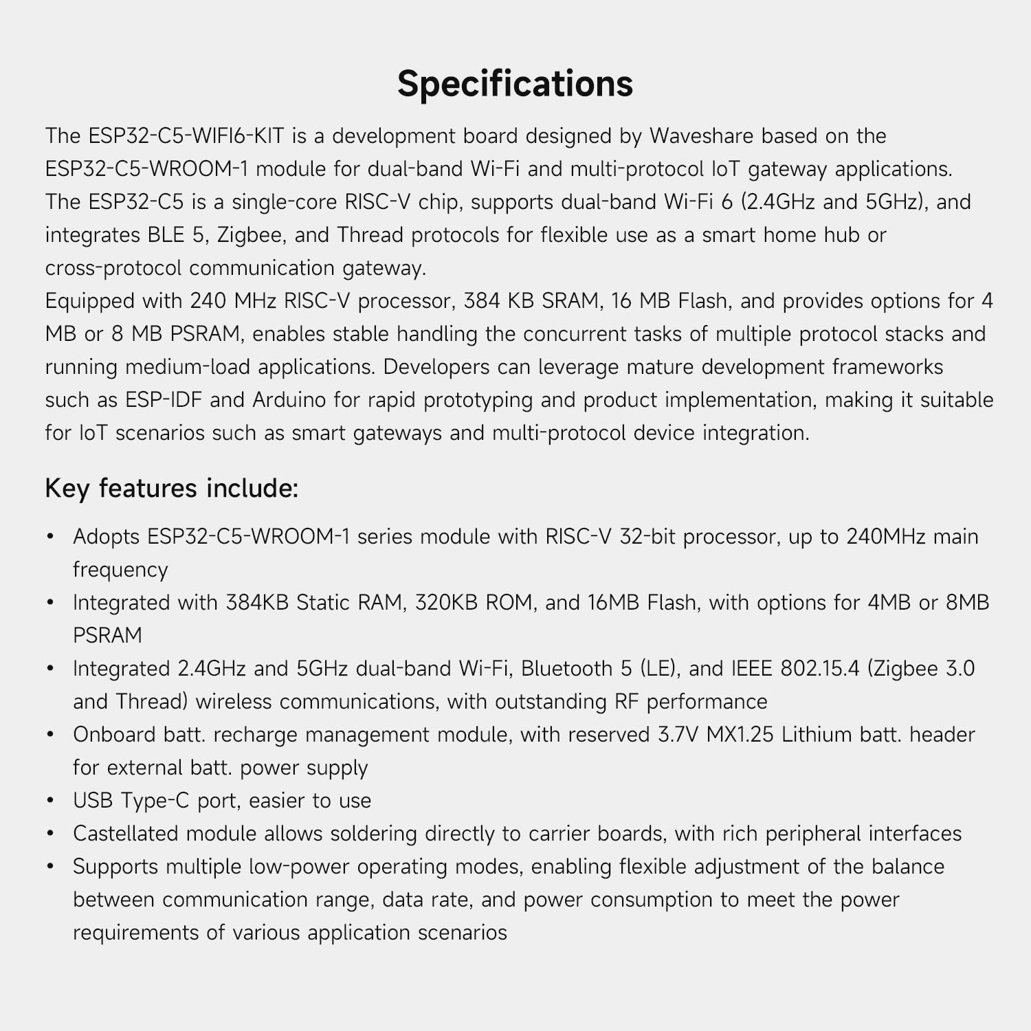 Waveshare ESP32-C5 Dual-Band Wi-Fi 6 Development Board 16MB Flash 8MB PSRAM 240MHz RISC-V Processor ESP32-C5-WROOM-1 Module