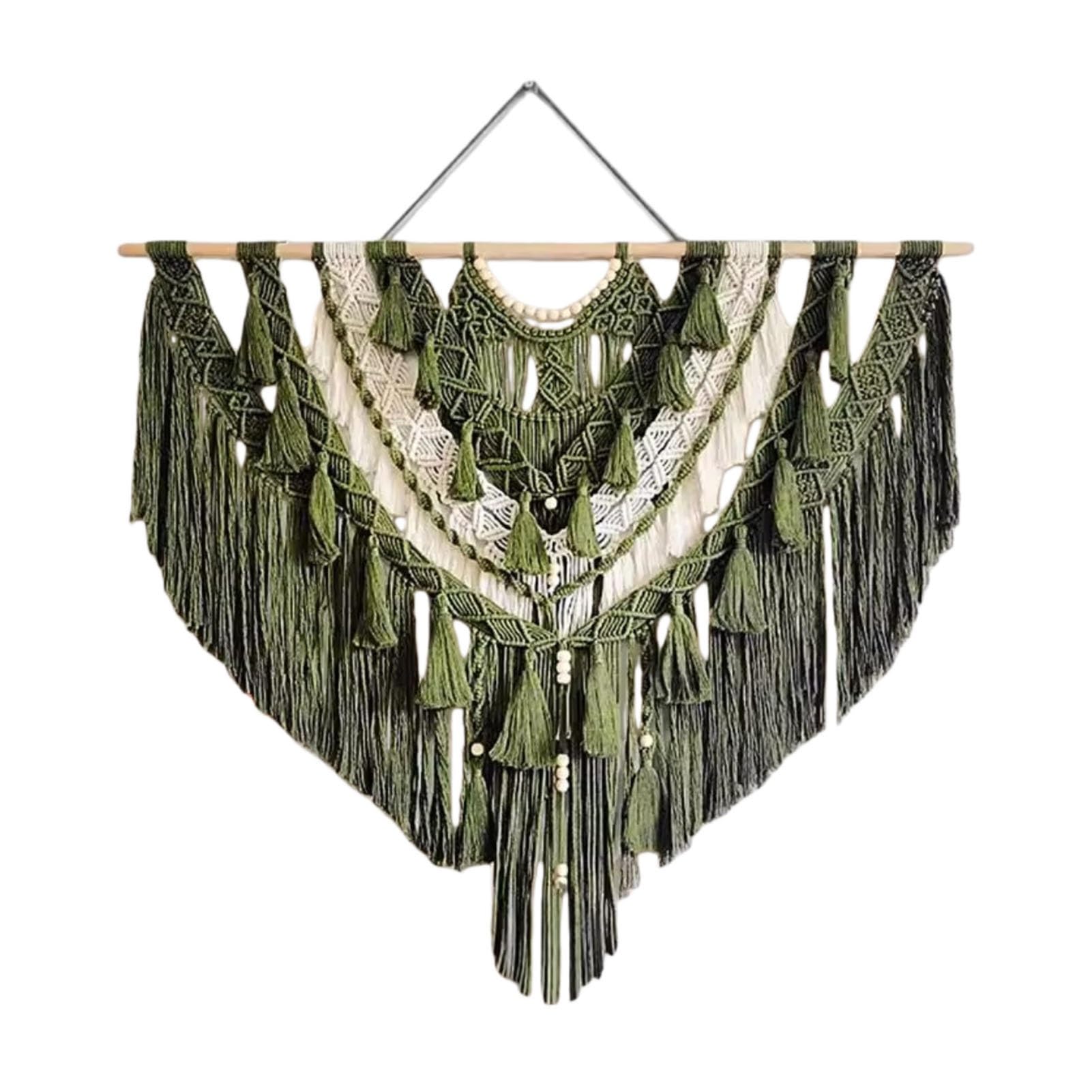 Tapiz de pared de macramé tejido hecho a mano con cuentas, decoración de pared bohemia verde oliva y crema