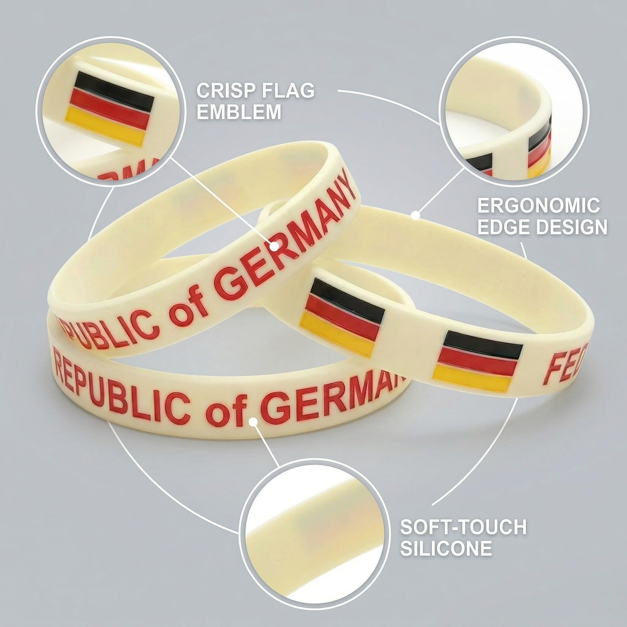 Lot de 3 Bracelets Allemagne en Silicone - Bracelet Supporter aux Couleurs du Drapeau Allemand pour Homme et Femme - Accessoire Idéal pour Football, Événements Sportifs et Fêtes - 20cm