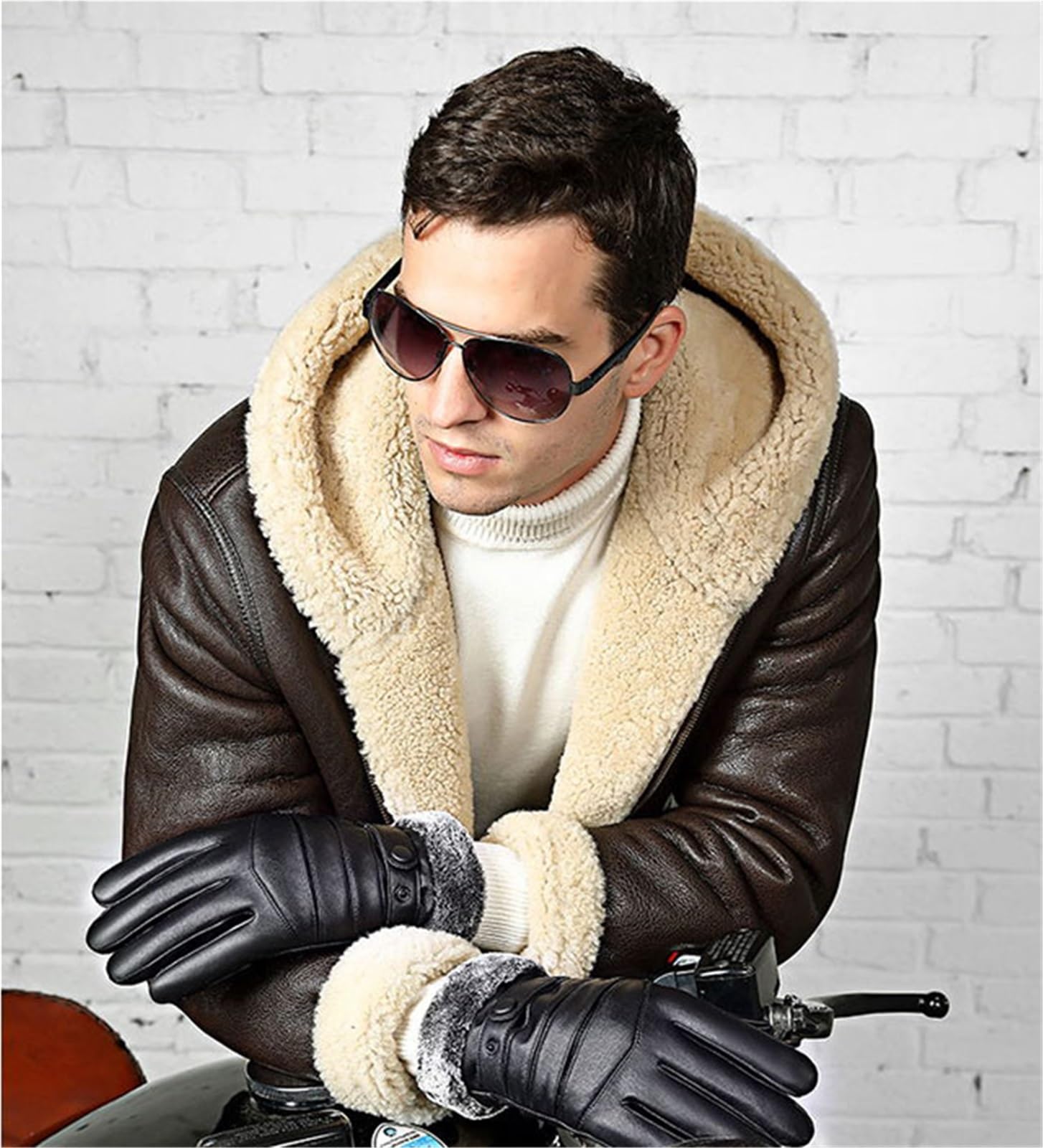 Guantes de invierno de cuero cálido para hombre, con forro de piel térmica, guantes de piel para pantalla táctil, para motocicleta, conducción