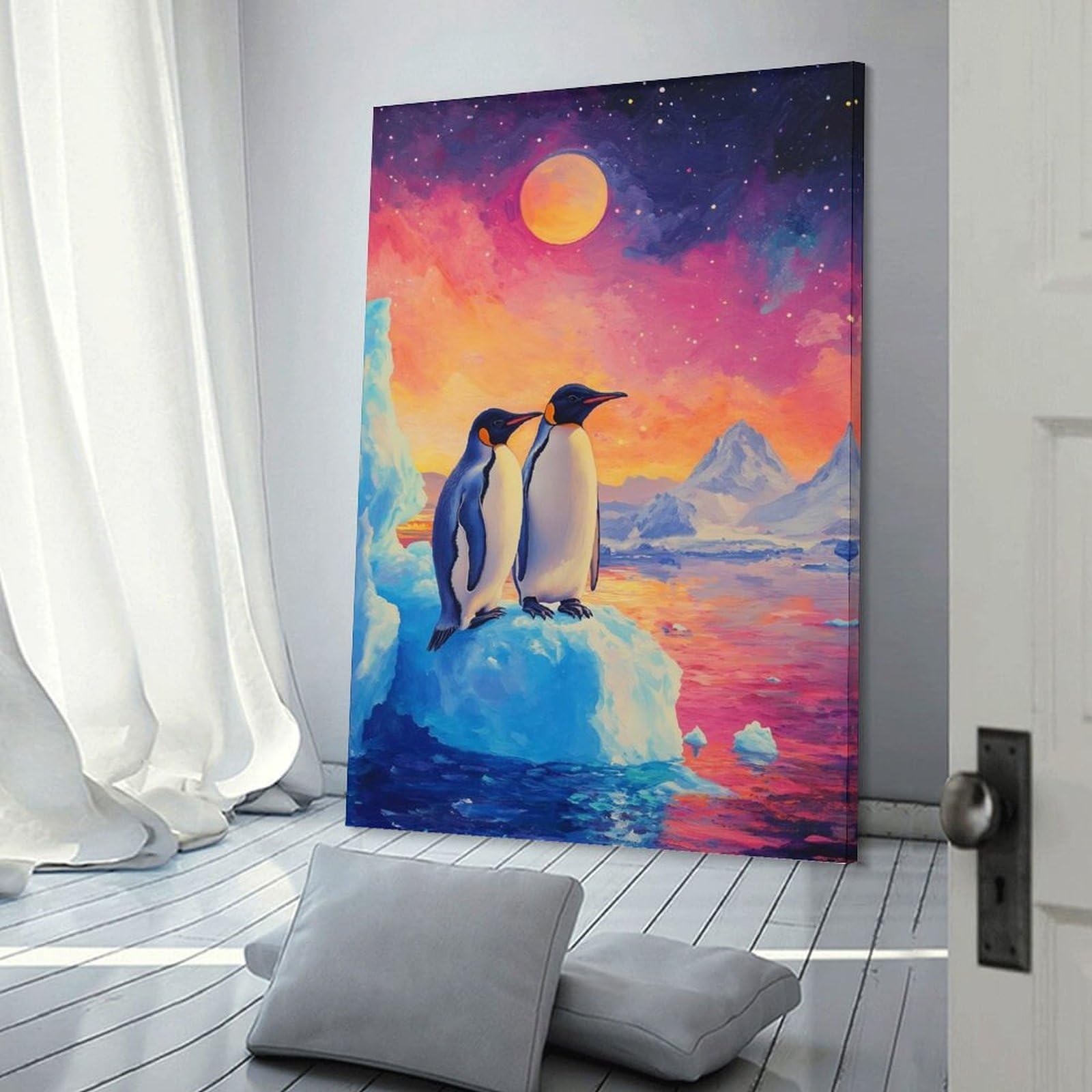 Junmoney Frame-Style-2 Penguins On Iceberg Under Colorful Sky Canvas Wall Decor, 16X24inch(40X60cm), For Wall Displays, Bedrooms Or Room Updates, Wall Decor Suited To Curated Displays