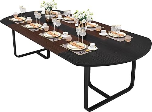 Tribesigns Mesa de comedor ovalada moderna de 70.86 pulgadas con tablero de empalme de acabado nogal y negro, mesas de cocina curvadas para 6-8,