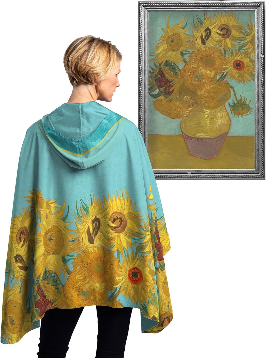 RainCaper van Gogh Sunflowers Womens Rain Cape Poncho with Hood Reversible