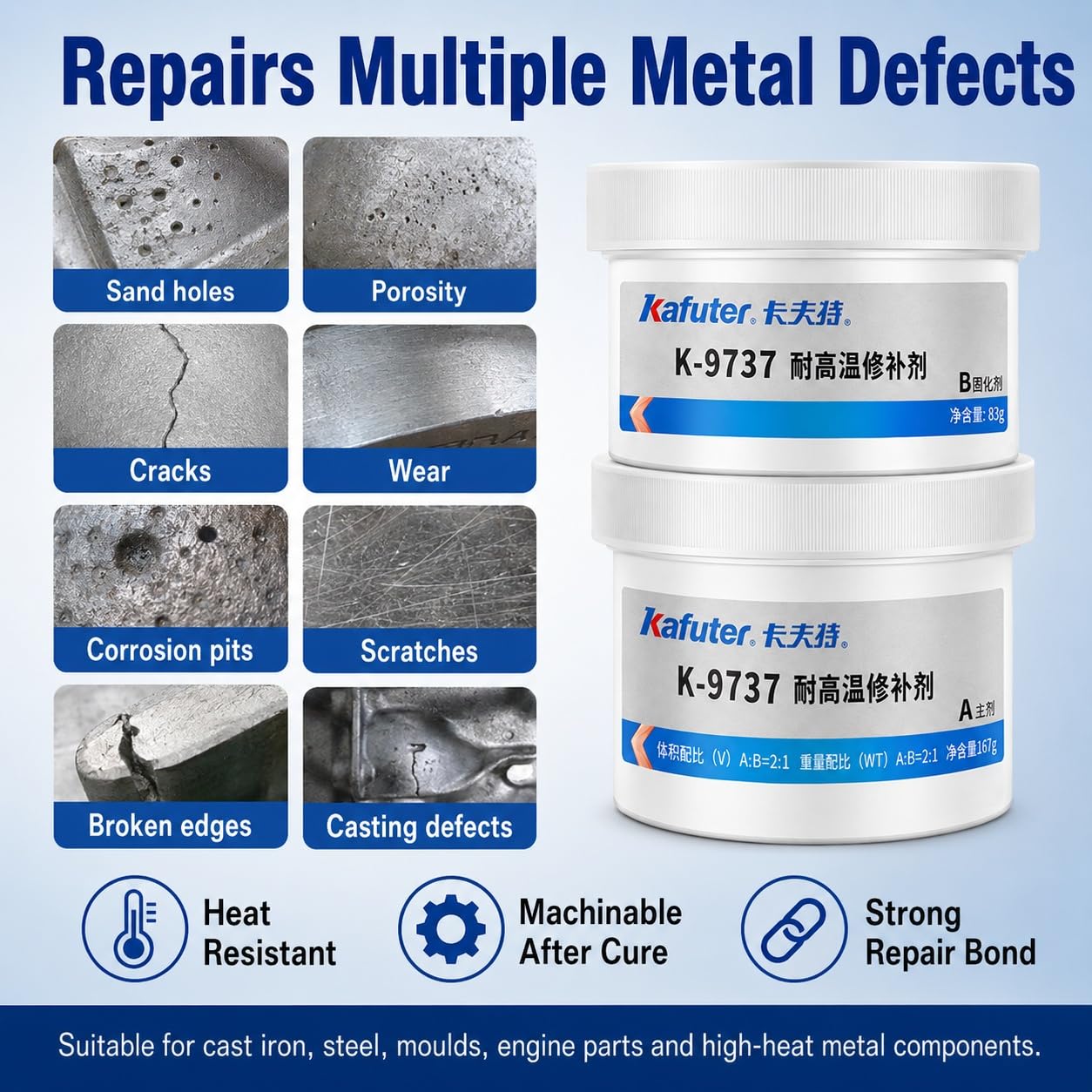 VIDOO 250g Metallkleber Hochtemperaturbeständig Zwei-Komponenten-Epoxidverbindung für Motorblock-Rissversiegelung Extreme 300℃ Hitzebeständig Flüssiglot Metallkleber