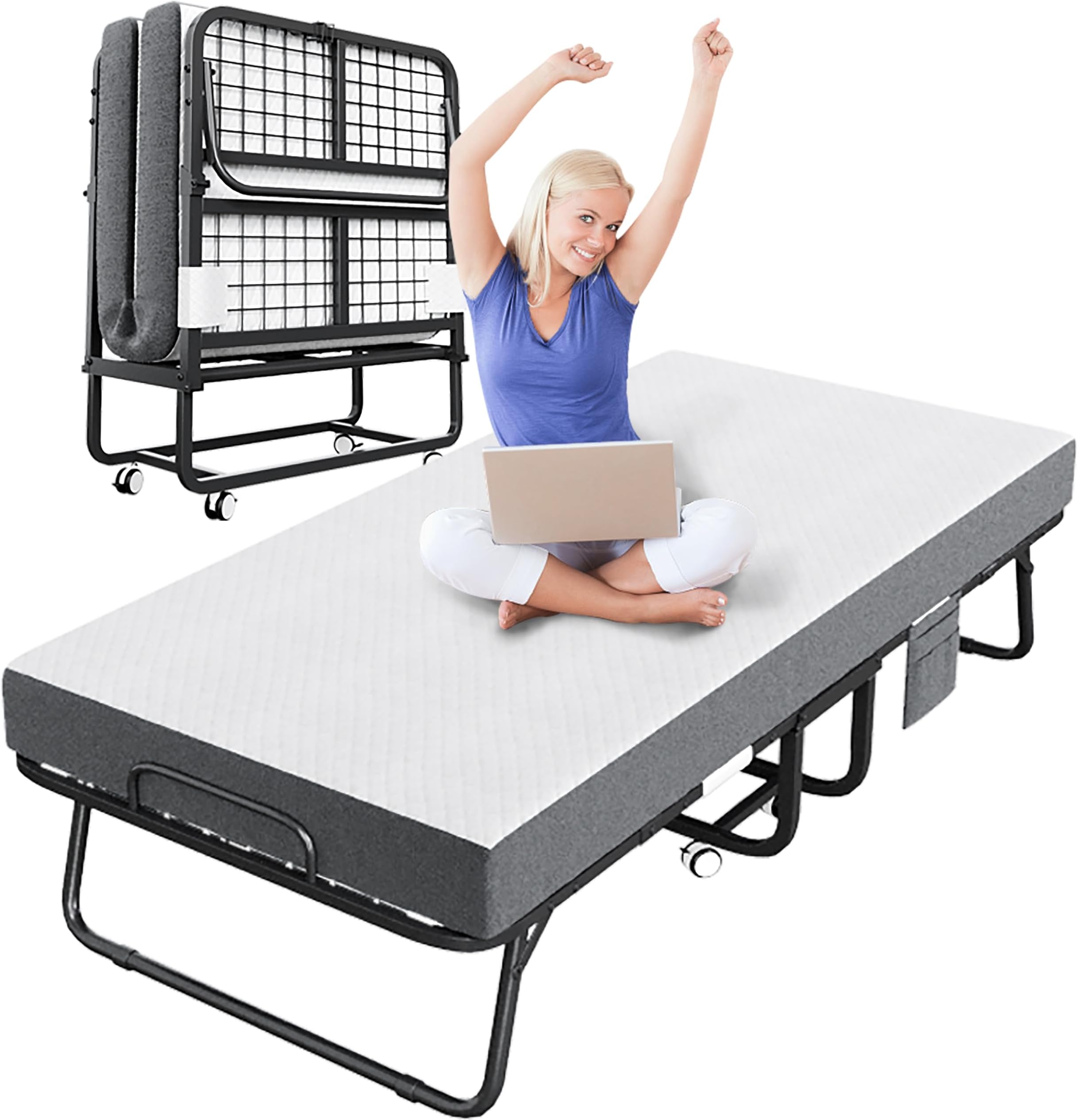 - CAIYUN Folding Bed with Mattress, Portable Rollaway Bed for Adults - Foldable Cot Size Bed Frame with 5" Memory Foam Mattress and Storage Cover, Guest Day Bed with Metal Fold Up Bed on Wheels, 75"x31"