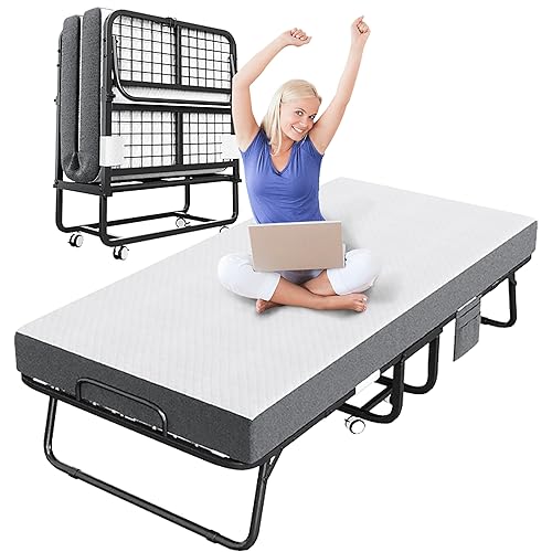 CAIYUN Folding Bed with Mattress, Portable Rollaway Bed for Adults - Foldable Cot Size Bed Frame with 5" Memory Foam Mattress and Storage Cover, Guest Day Bed with Metal Fold Up Bed on Wheels, 75"x31"