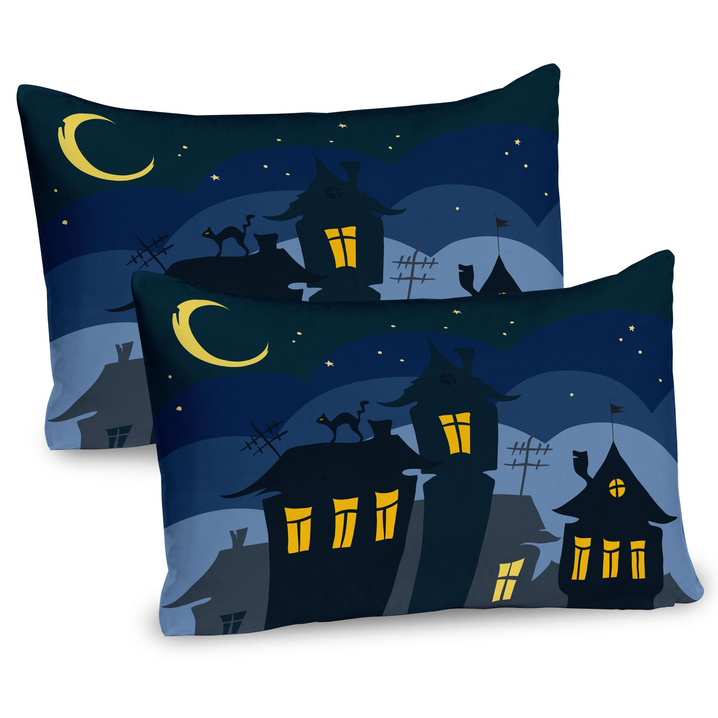 Ambesonne Halloween Pillow Sham Set of 2, Old Town with Cat on The Roof Night Sky Moon and Stars Houses Cartoon Art, Quality Microfiber Bedding Item for All Seasons, 36
