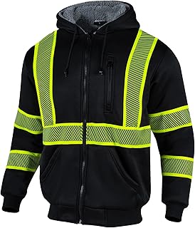 Drizomo High Visibility Sherpa Fleece Hoodie for Men Safety Reflective Sweatshirt ANSI Class 1 Hi Vis Jacket with Zipper(Black,2XL)