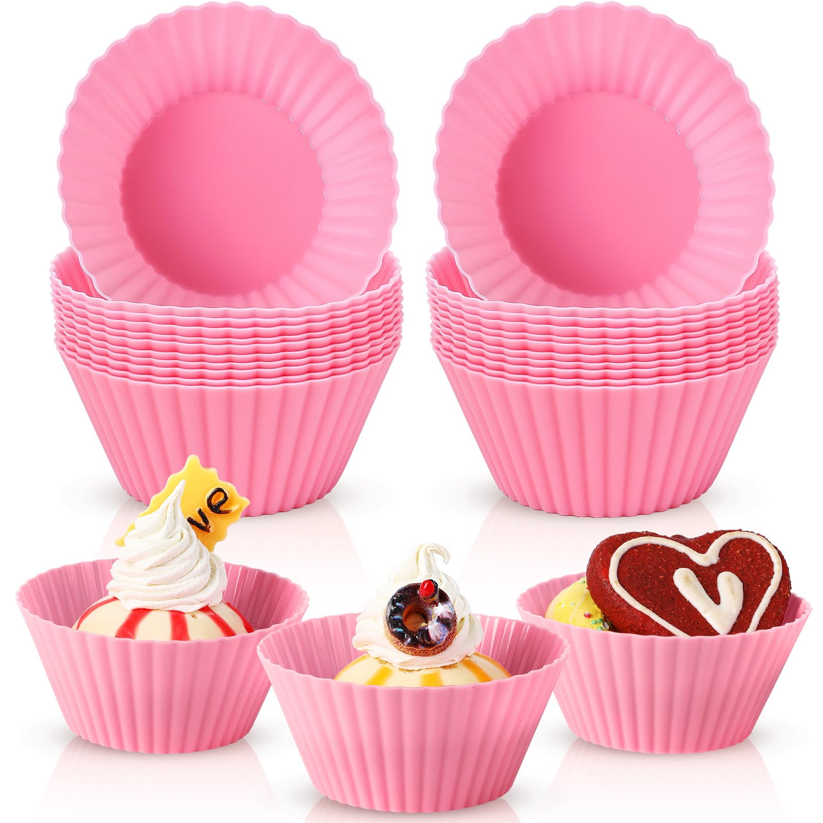 Willinglong 36 Pcs Silicone Cupcake Baking Cups, Reusable Muffin Liners Non-Stick Silicone Cake Molds Cupcake Liners Round Shaped Cake Chocolate Molds for Valentines Party(Pink)