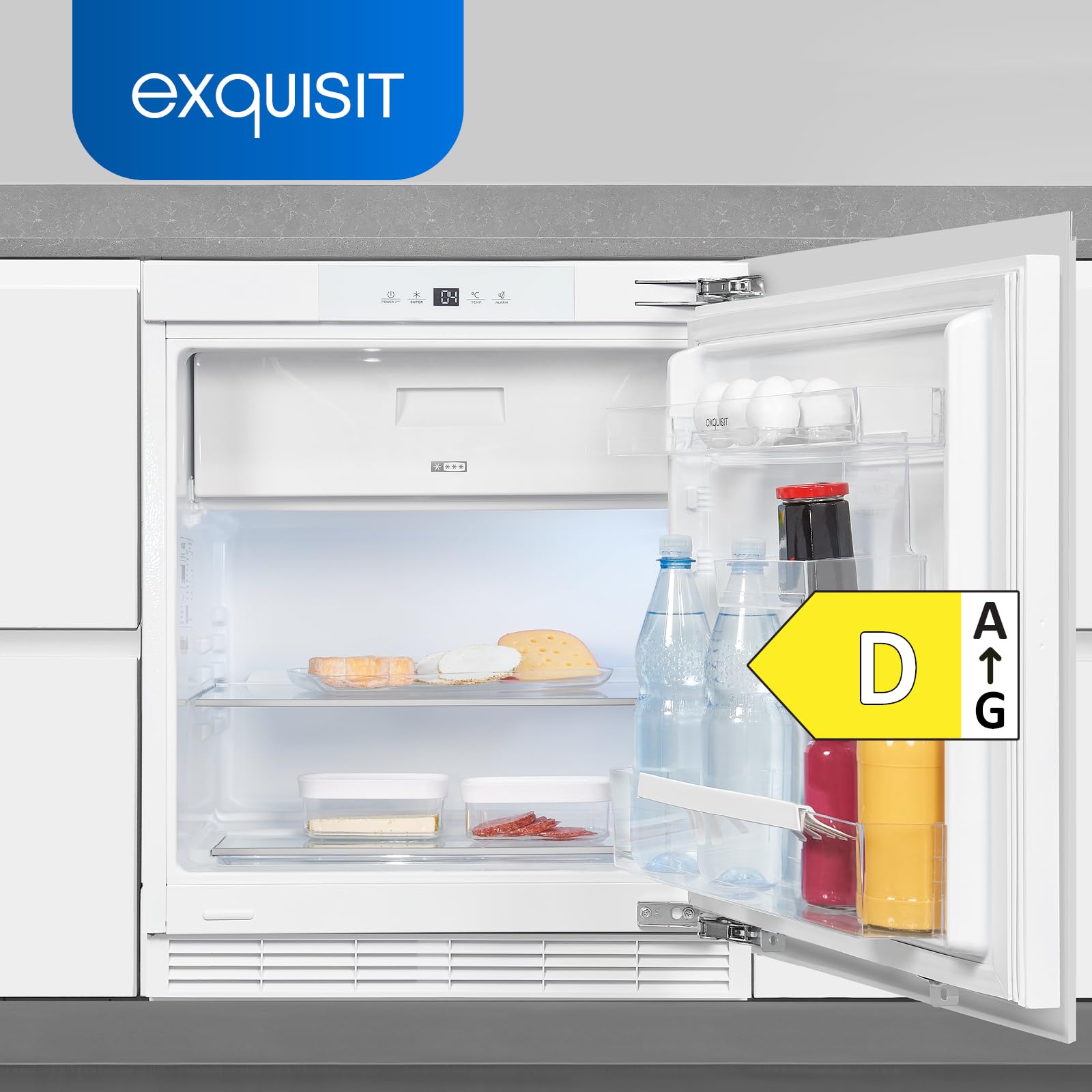 Exquisit UKS130-4-FE-010D Unterbau Kühlschrank mit 4* Gefrierfach, 121 L | Einbaukühlschrank mit Festtürmontage, LED-Beleuchtung, wechselbarem Türanschlag und akustischem Alarmsignal bei offener Tür
