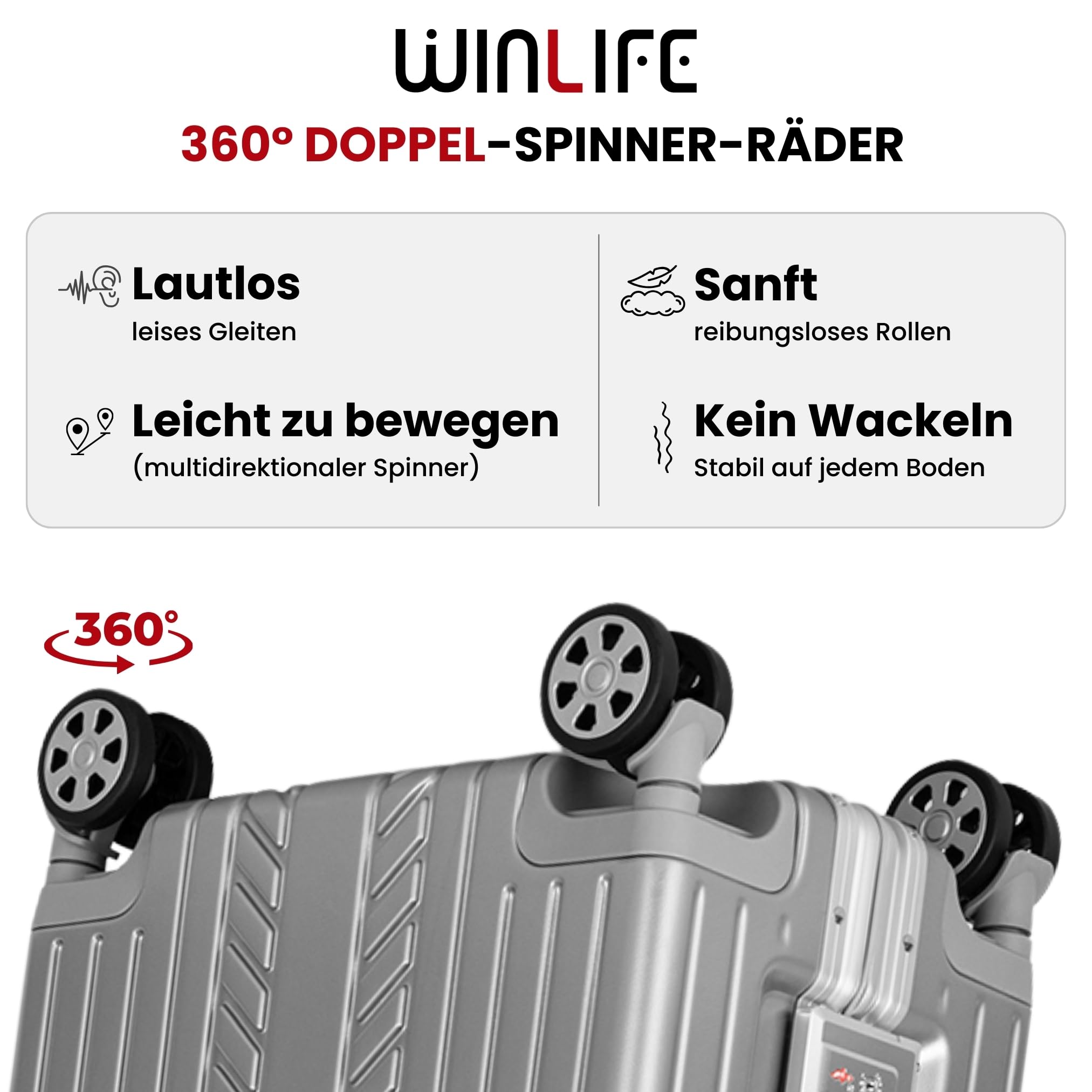 WINLIFE 3in1 M+L+XL Handgepäck(53cm) + Checkin-Trolley(65cm) + XL Koffer(75cm) Reisekoffer Set mit Alu-Rahmen, ABS & TSA Nummern-Schloss | Silber