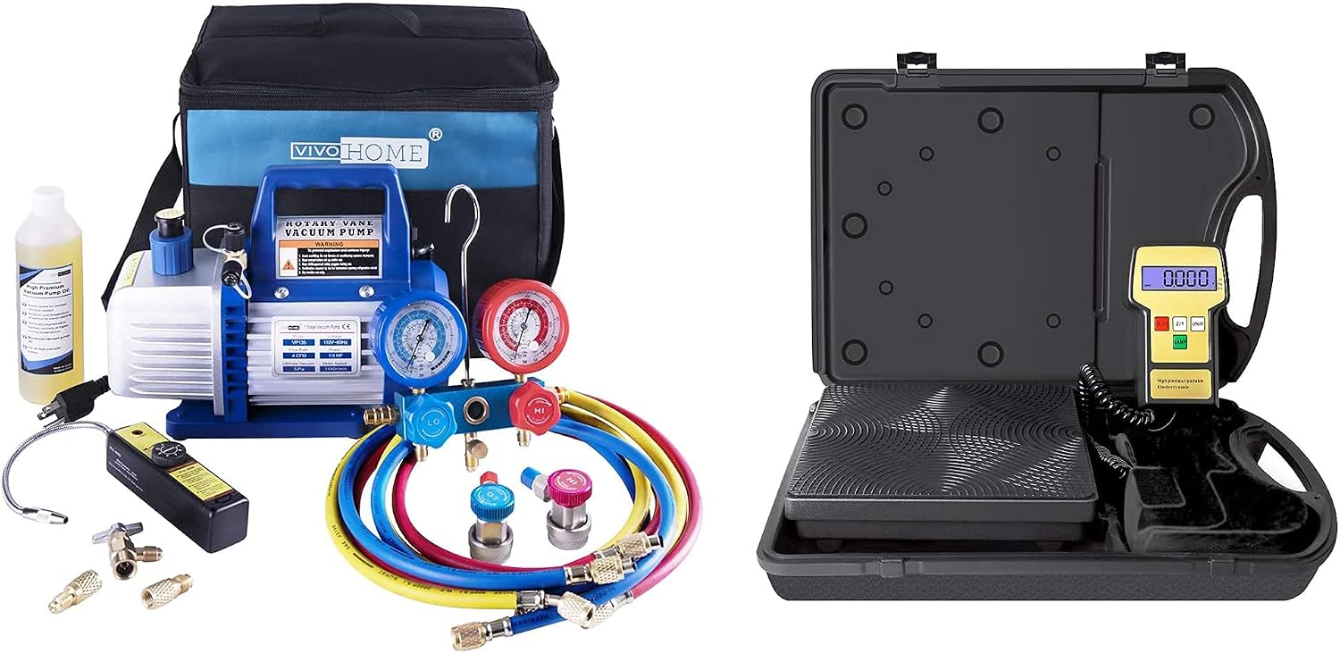 VIVOHOME High Precision Electronic Digital Refrigerant Charging Weight Scale with 110V 1/3 HP 4CFM Single Stage Rotary Vane Air Vacuum Pump and R134a AC Manifold Gauge Set Kit