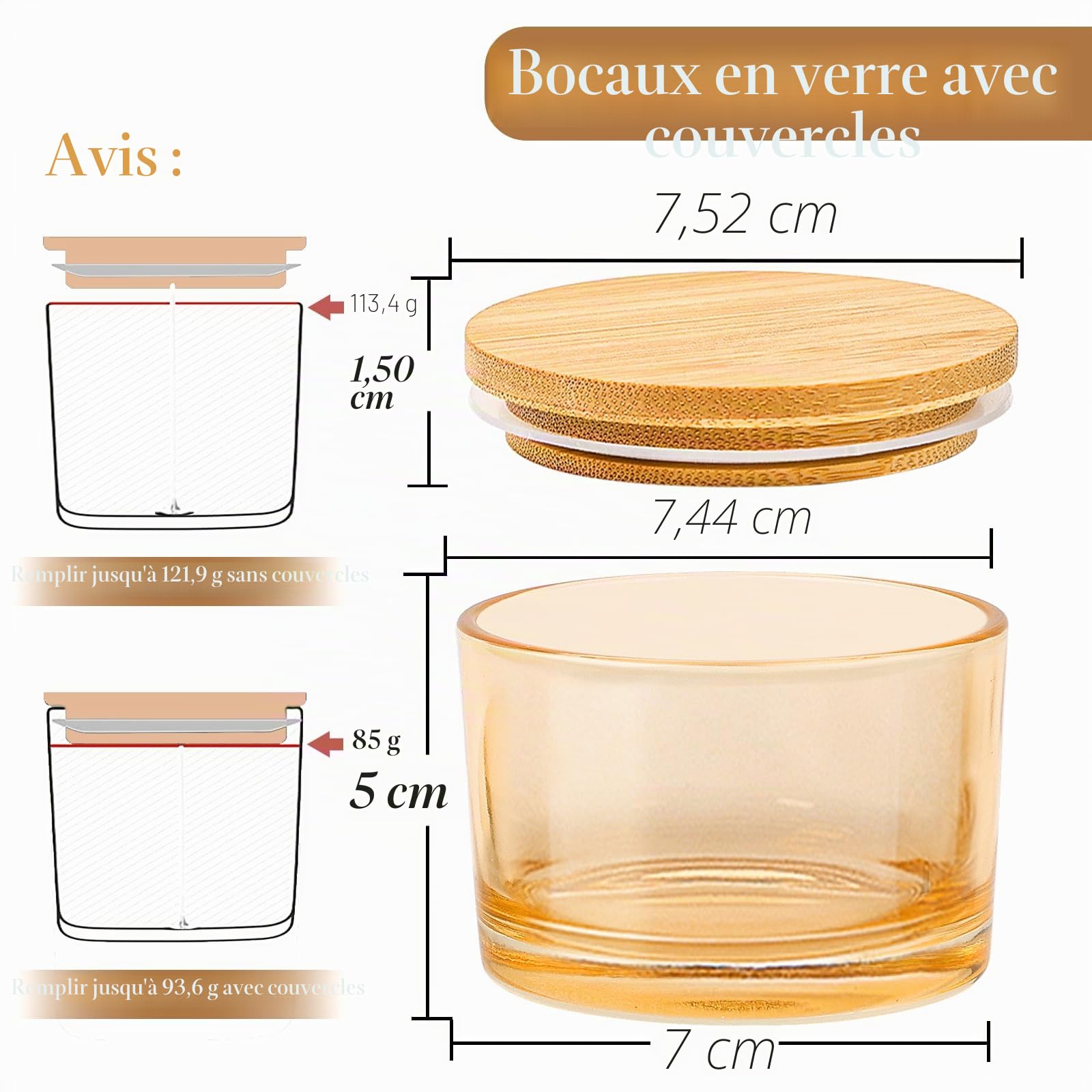 CONNOO Lot de 15 bocaux en verre ambré doré de 118 ml avec couvercles hermétiques en bambou pour la fabrication de bougies, récipients à bougies vides avec étiquettes adhésives