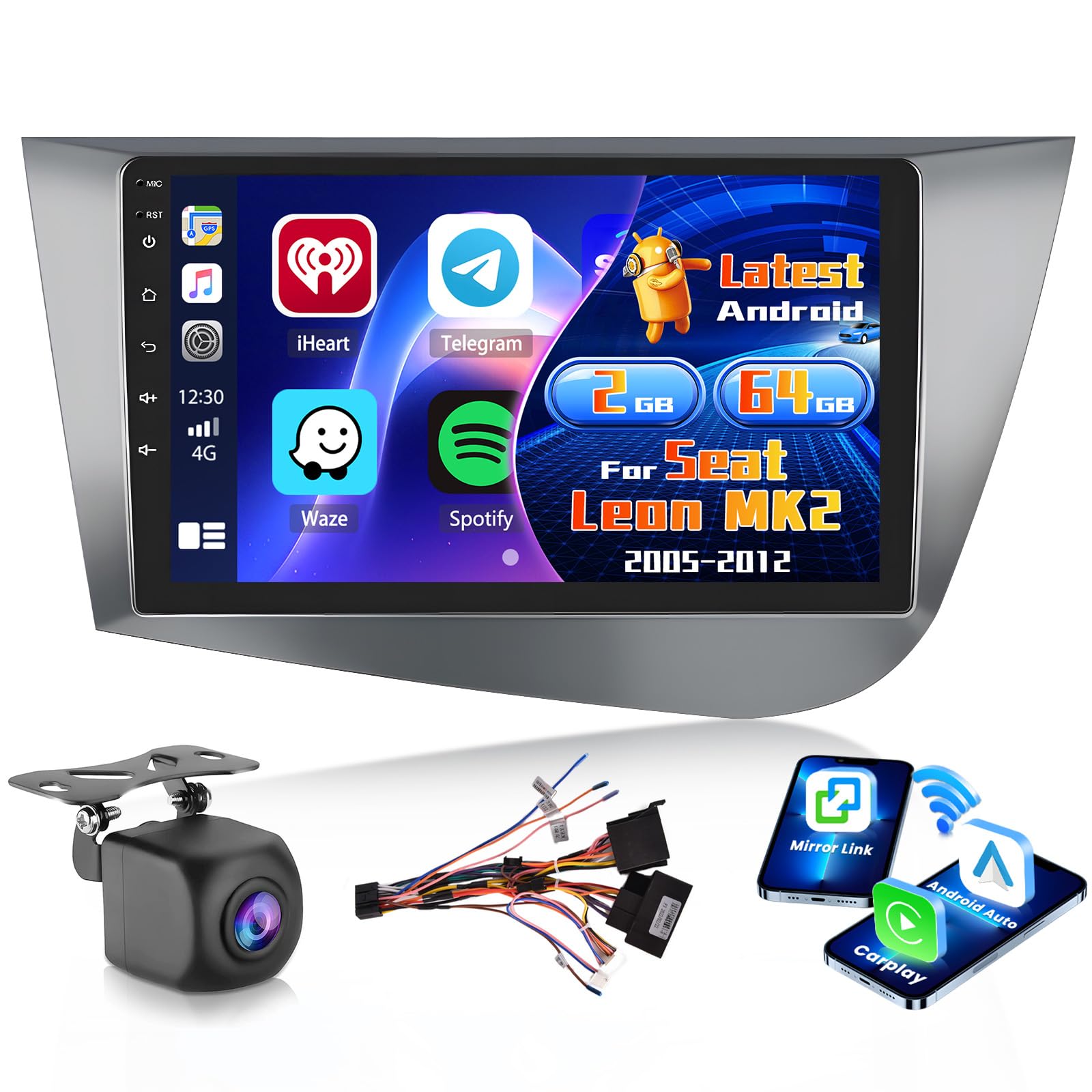 Inefala Radio para Seat Leon MK2 2005-2012 Android 15 2+64G con Wireless Carplay y Android Auto, 9'' Pantalla Táctil Estéreo Radio con Bluetooth 26UI EQ GPS FM/RDS SWC AHD Cámara Inversa