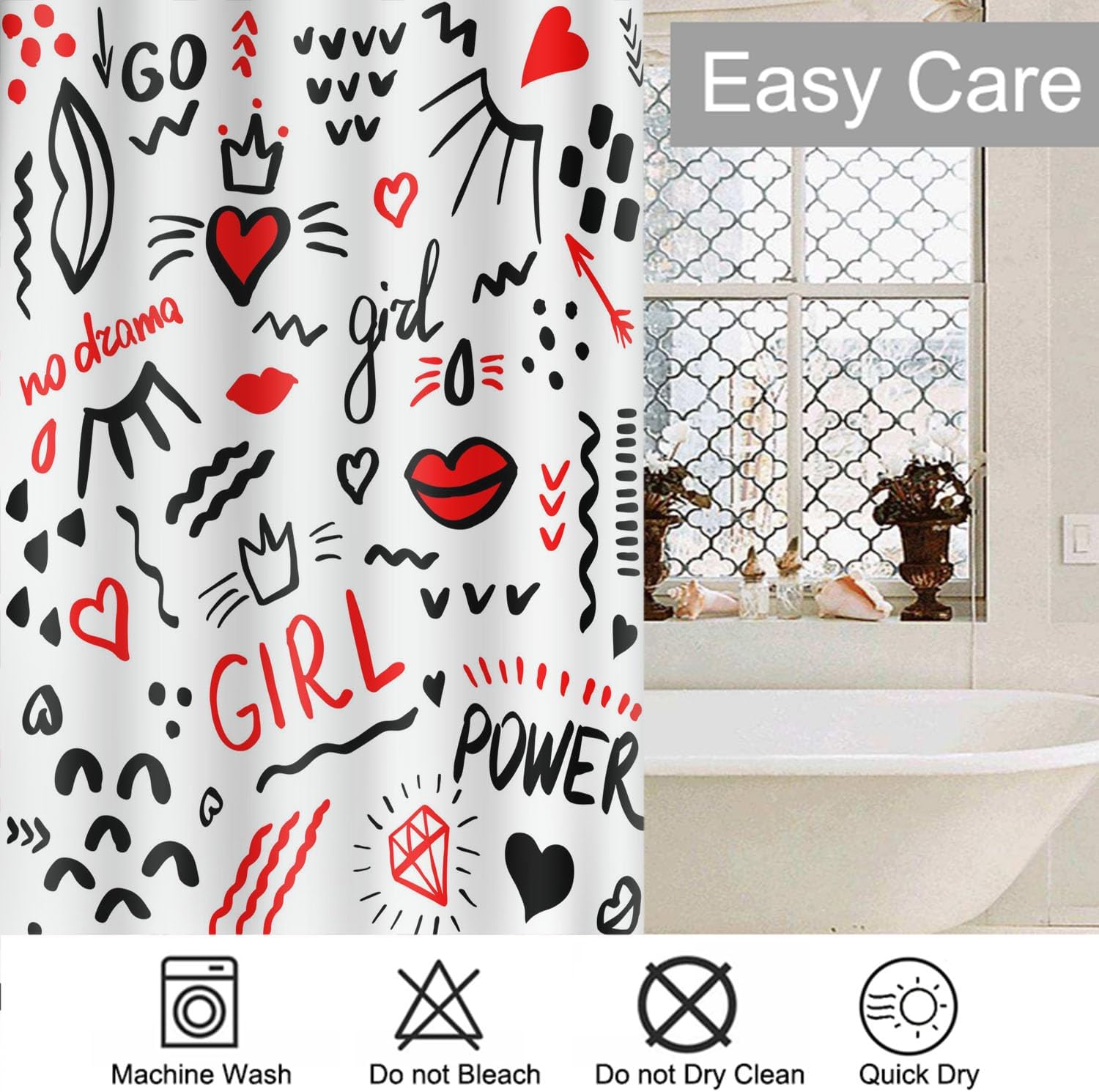 Moslion Girl Power Bathroom Curtains Red Hearts Lip Crown Home Decoration Waterproof Fabric Shower Curtain with Hooks 72x72 Inch
