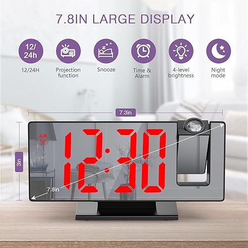 Miniatura 2 de ORIA Reloj despertador de proyección, reloj despertador LED de 7.8 pulgadas con proyección, espejo LED despertador digital con puerto de carga USB,
