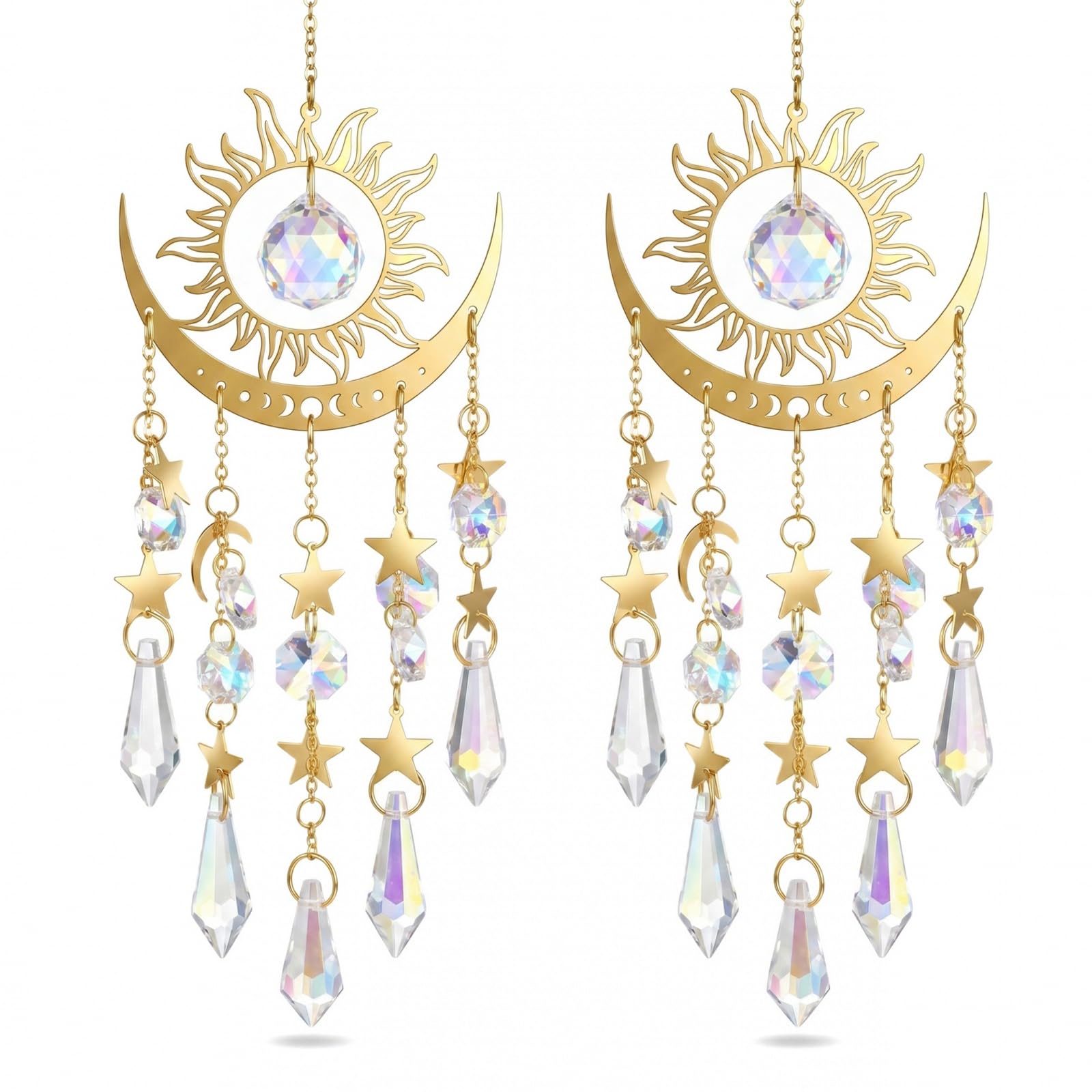 Solvio Women's Light Crystal Suncatchers For Windows, Sun And Moon Hanging Sun Catcher Rainbow Maker, Boho Crystal Wind Chimes For Garden Indoor Outdoor Decor, Dream Catcher Ornament Gift For