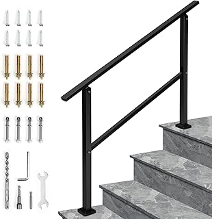 Handrails for Outdoor Steps Fits 1 to 4 Steps Stair Railing for Outdoor, Wrought Iron Handrail with Installation Kit for Concrete Steps, Porch Steps (4 Steps), Matte Black