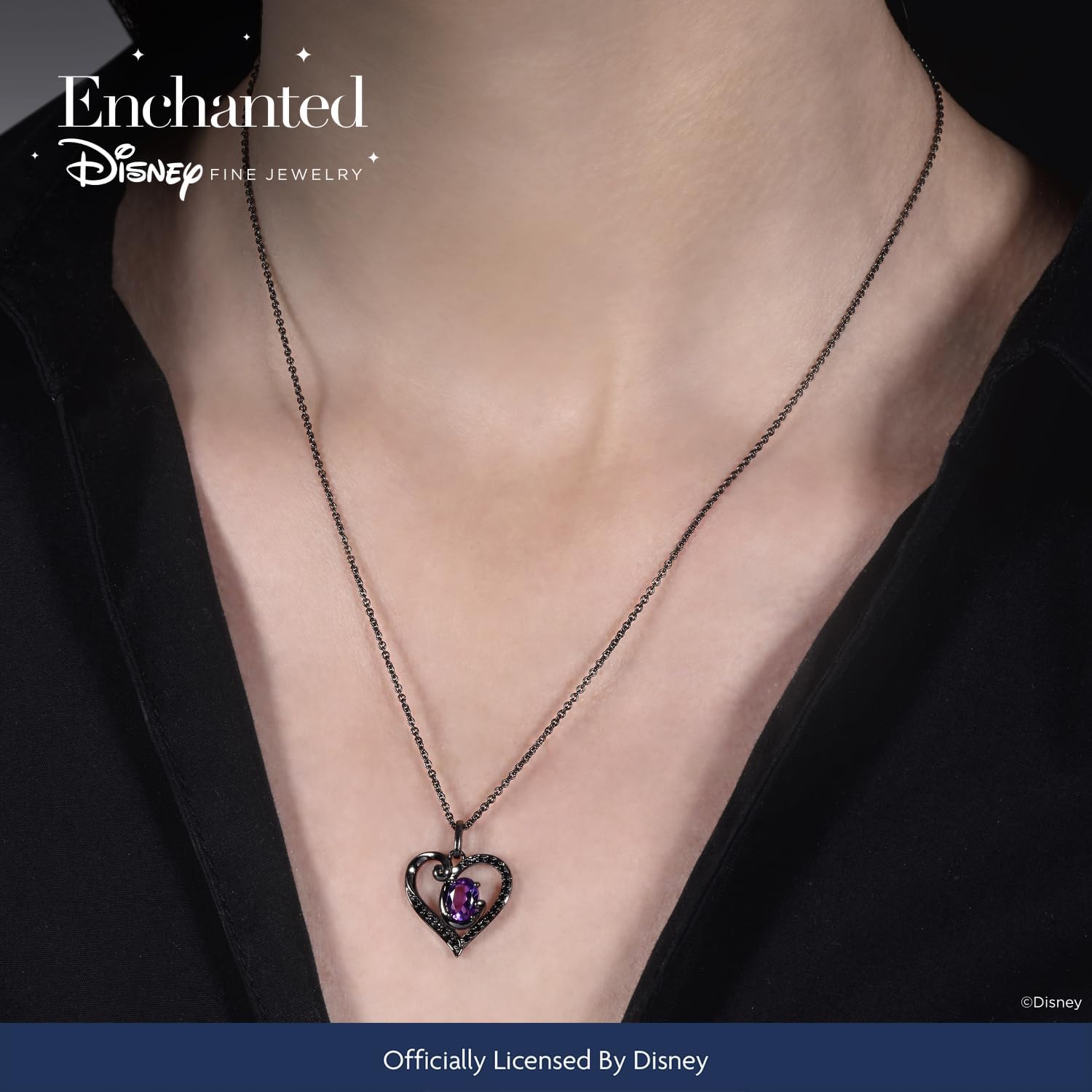 Jewelili Enchanted Disney Fine Jewelry Ursula Heart Pendant Necklace for Women | Black Rhodium over Sterling Silver | 7x5MM Oval Amethyst & 1/5 CTTW Black Diamonds | 18" Cable Chain | Gifts for Her