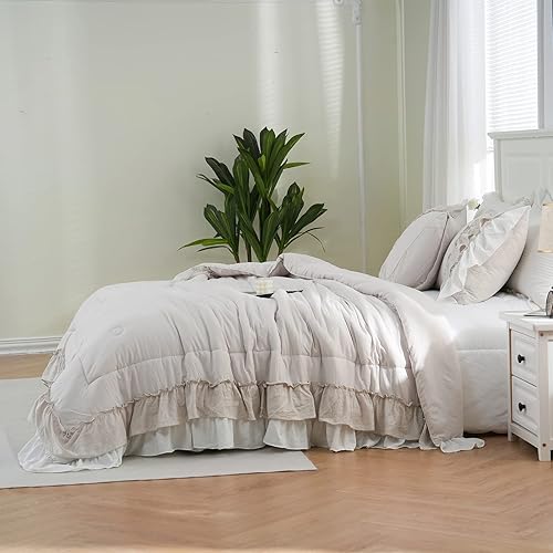 Miniatura 8 de Juego de edredón de 2 capas con volantes y estilo bohemio Comfrter King, color beige, estilo Shabby Chic para decoración del hogar, ropa de cama de