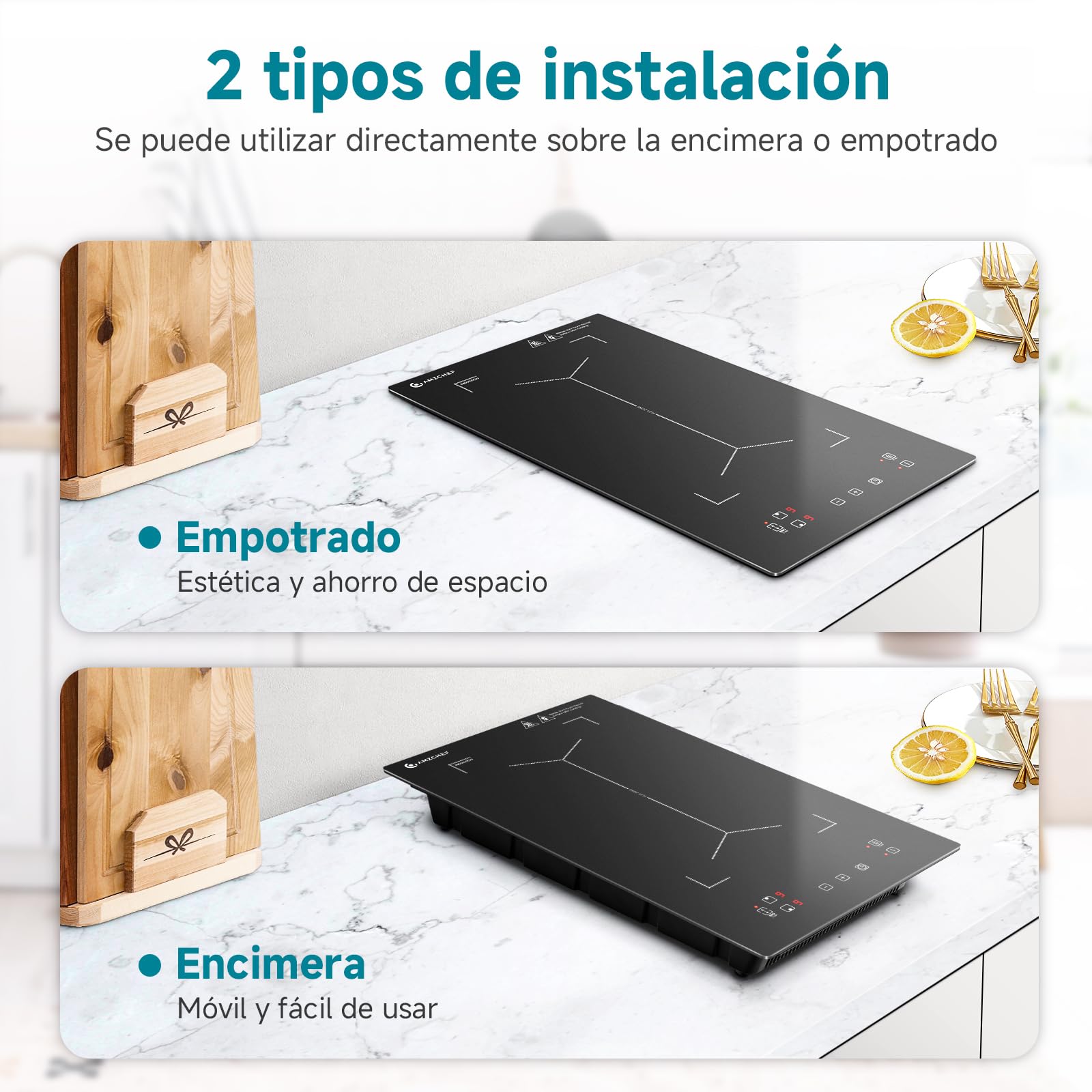 Placa de inducción con zonas flexibles, AMZCHEF placa induccion doble con 9 niveles de potencia, calentamiento intermitente, panel de control de moda, cerradura de seguridad, 3300W, negro