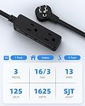 Cordon d'extension de prise plat avec 3 Sorties - 3Ft Faible profil intérieur 3 Plongez la bande d'alimentation à terre pour le bureau intérieur & Voyages - 16 AWG 13A/1625W, noir