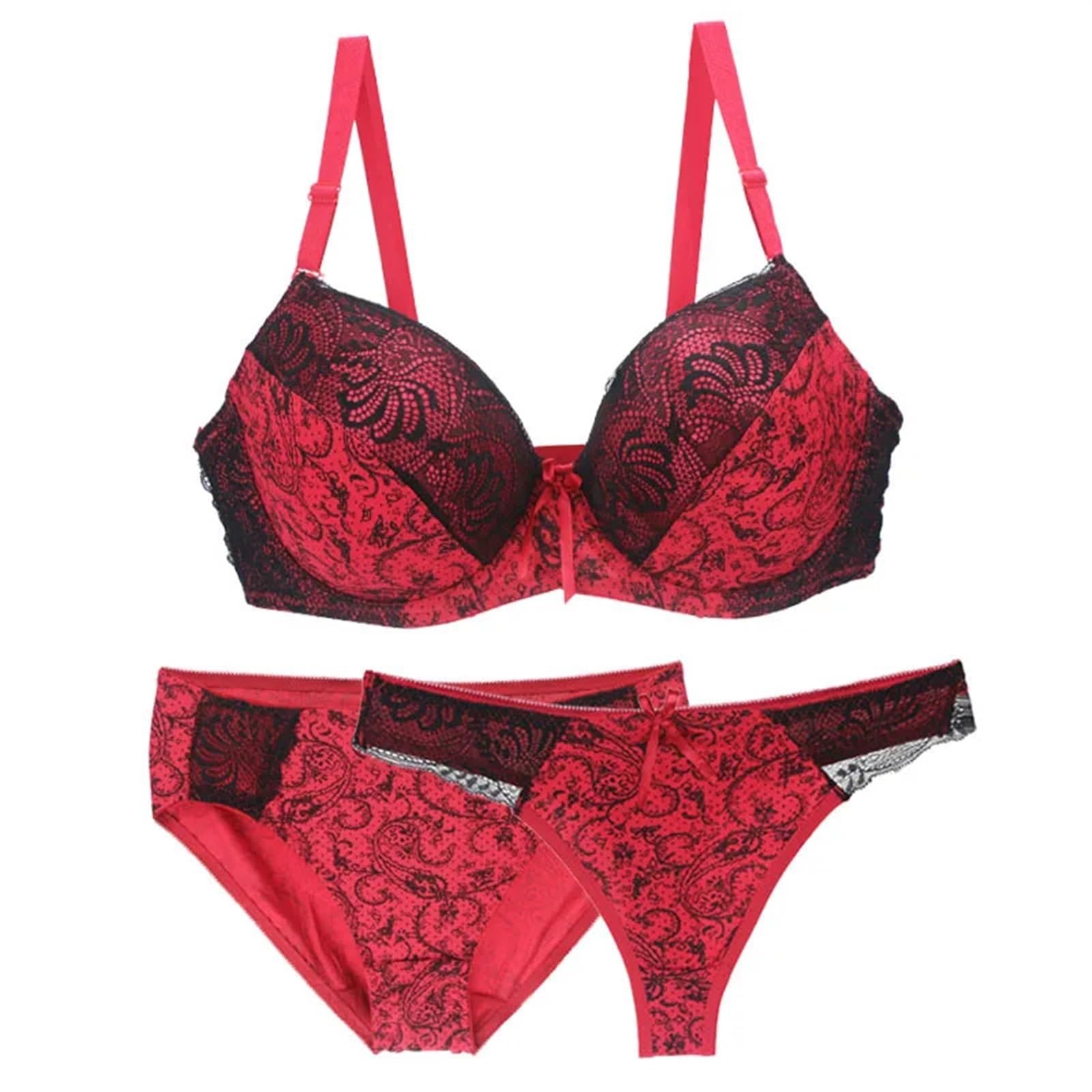 Bragas Braguitas Tangas Conjuntos de sujetador push up sin costuras for mujer, ropa interior de 3 piezas, copa BCDEF, lencería beige, negra, azul, morada, roja y blanca, tallas grandes(Red,75D)
