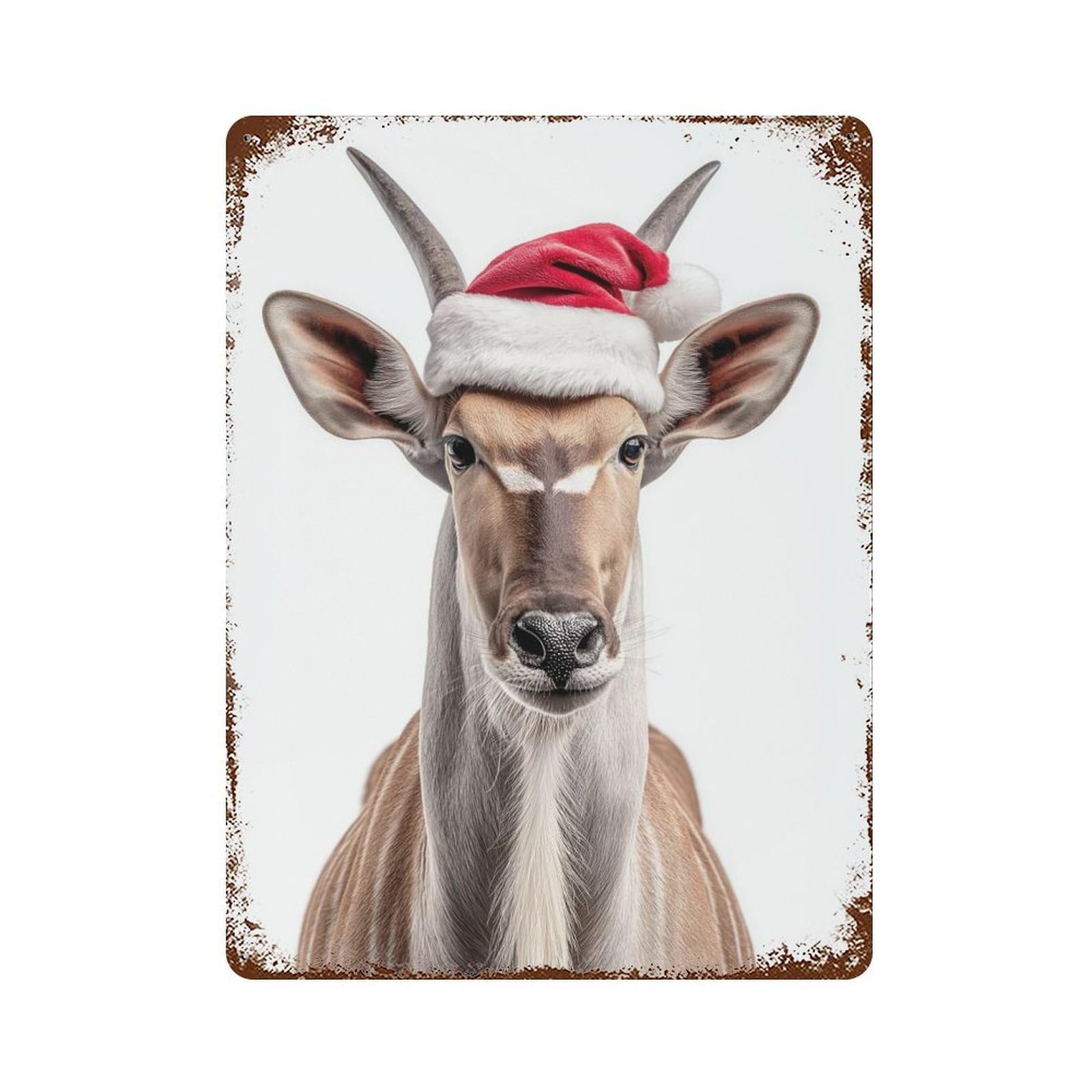 Eland Antelope Wearing Santa Hat Rusty Metal Tin Sign 15.7"x11.8", for Pub, Kitchen And Man Cave Decor, Farmhouse Wall Decor