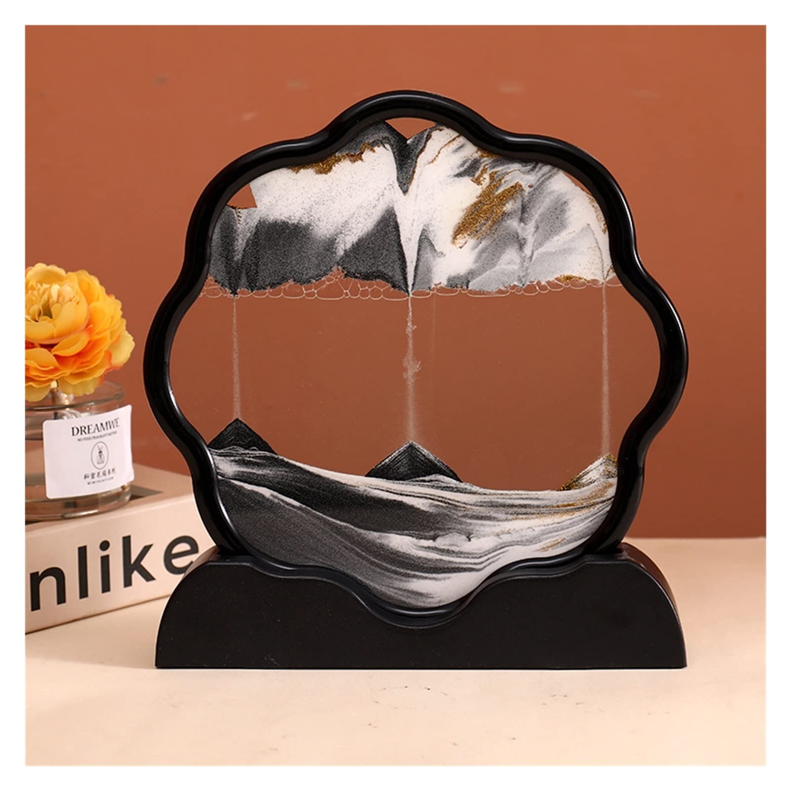 Meiiron Moving Sand Art Picture, Sandscapes 3D Deep Sea Display in Motion Dynamic Flowing Grit Photo Hourglass Desktop Art Sensory Relaxing Desktop Decor Party Gift (Color : Black Frame-Black)