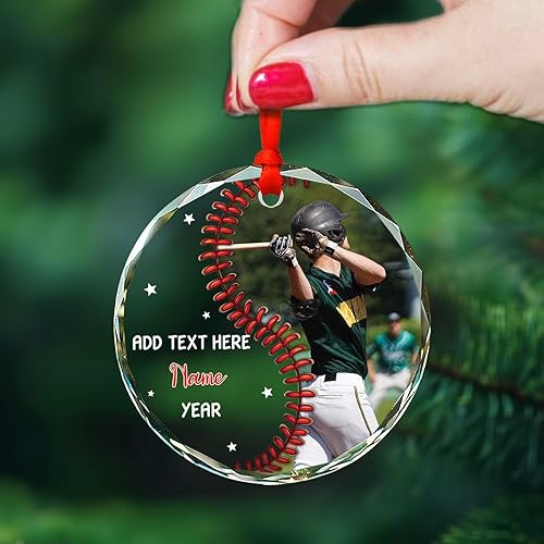 Miniatura 3 de Adorno de cristal de Navidad con nombre de foto personalizado, adorno de Navidad para amantes del béisbol 2025, texto personalizado, adornos de